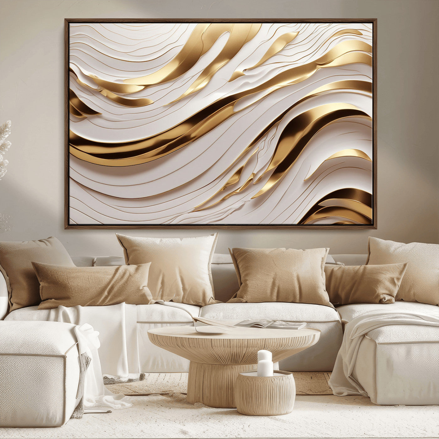 81197-MGV-CV-36X24-Gold and White Abstract Wave Canvas – Elegant Flowing Design with Luxurious Golden Accents –