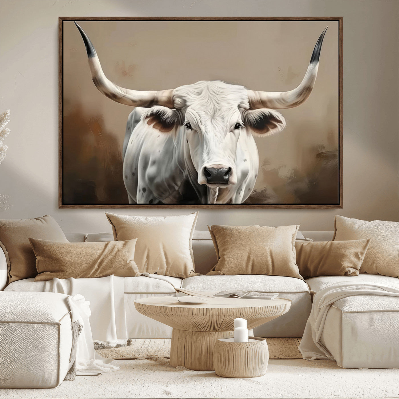 -White Longhorn Bull Wall Art Canvas Print – Framed and Ready to Hang – Perfect for Farmhouse and