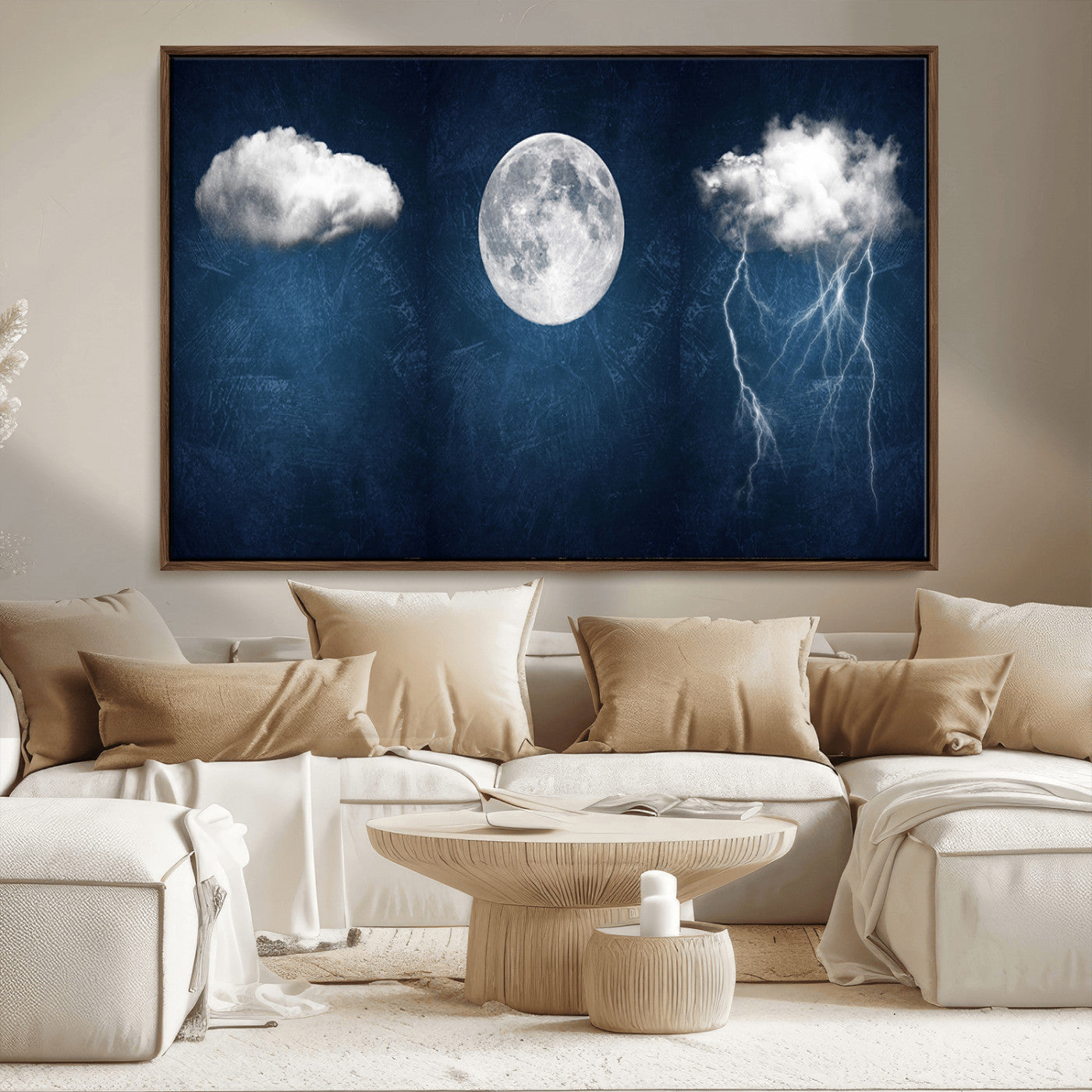 96569-MGV-CV-36X24-Dark Blue Cloud Art, 3 Piece Indigo Blue Wall Art, Aesthetic Surreal Art, Thunderstorm Moon Cloud