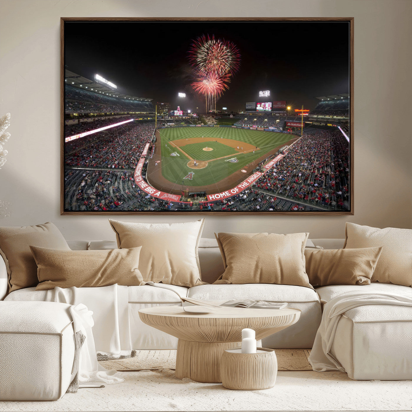 63592-MGV-FC-36X24_Walnut-Fireworks at Angel Stadium – Los Angeles Angels Canvas Print, Framed Los Angeles Angels Wall Art