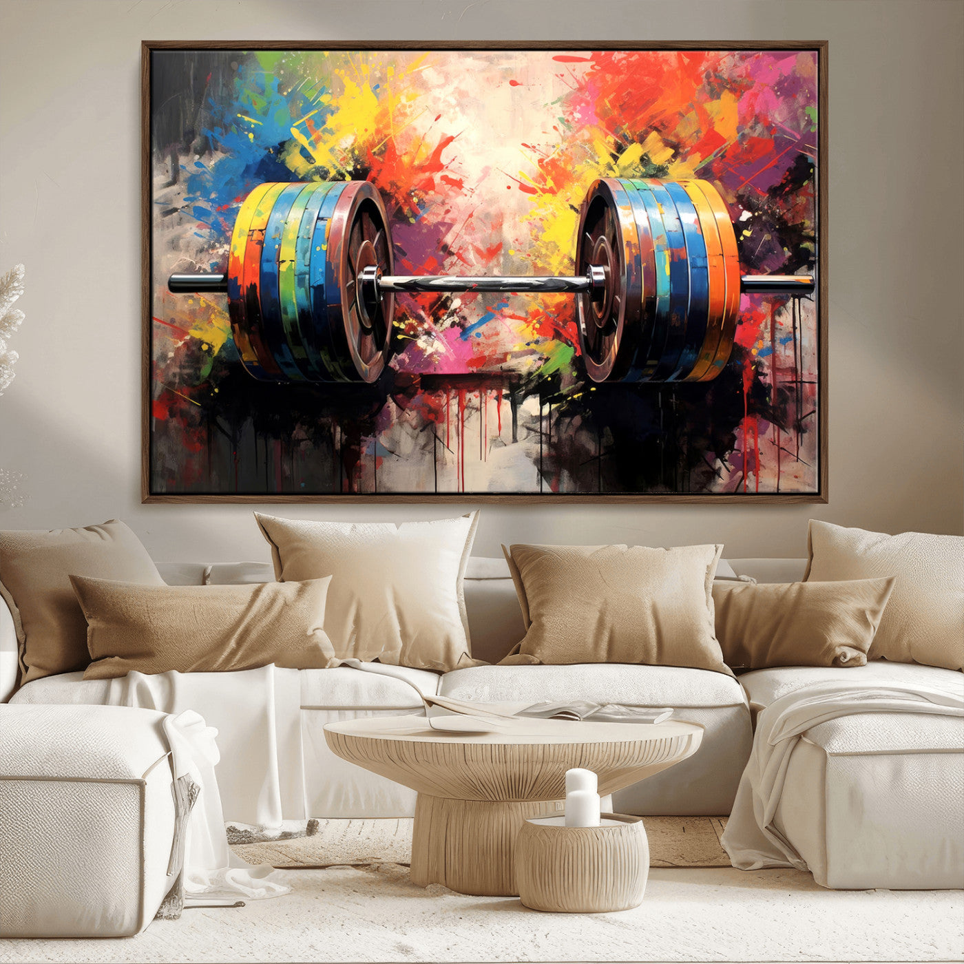 80436-MGV-CV-36X24-Weightlifting Barbell Art Triptych, Bold Abstract Fitness Wall Decor for Gym or Home, Giclee Canvas