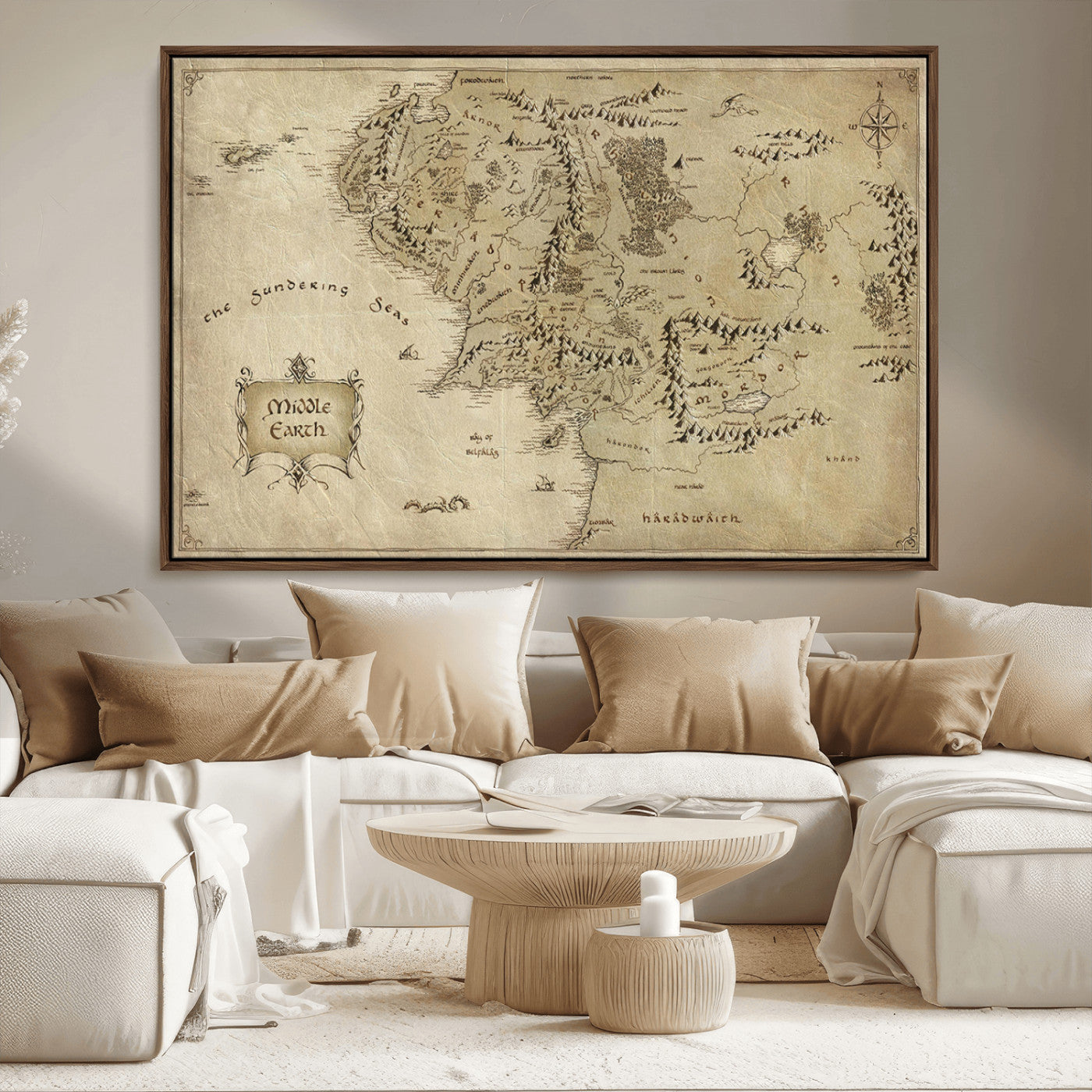 21784-MGV-FC-36X24_Walnut-Vintage Middle Earth Map Wall Art Canvas – Lord of the Rings Inspired Framed Map Print, Classic Fantasy Decor for Home, Office