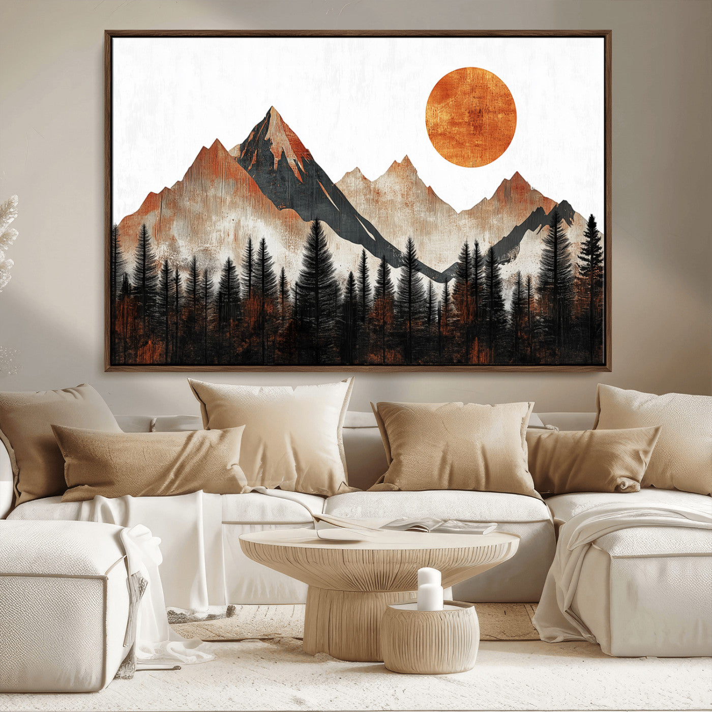 71366-MGV-FC-36X24_Walnut-Modern Abstract Mountain Canvas Wall Art Print, Abstract Landscape Print, Rustic Sun and Mountains