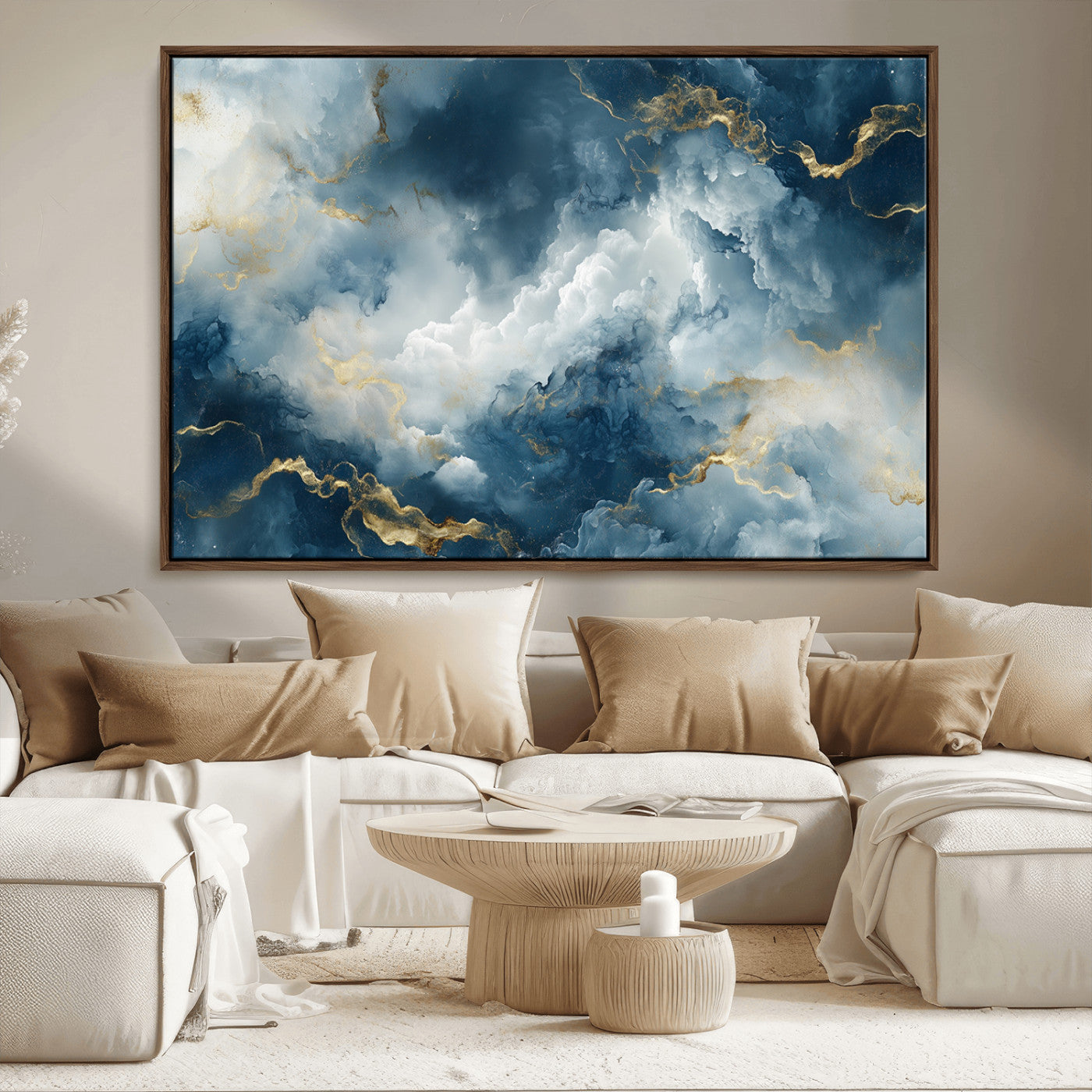 48298-MGV-FC-36X24_Walnut-Large Abstract Print - Luxe Blue and Gold Abstract Canvas Wall Art - Bold Cloudscape Canvas for