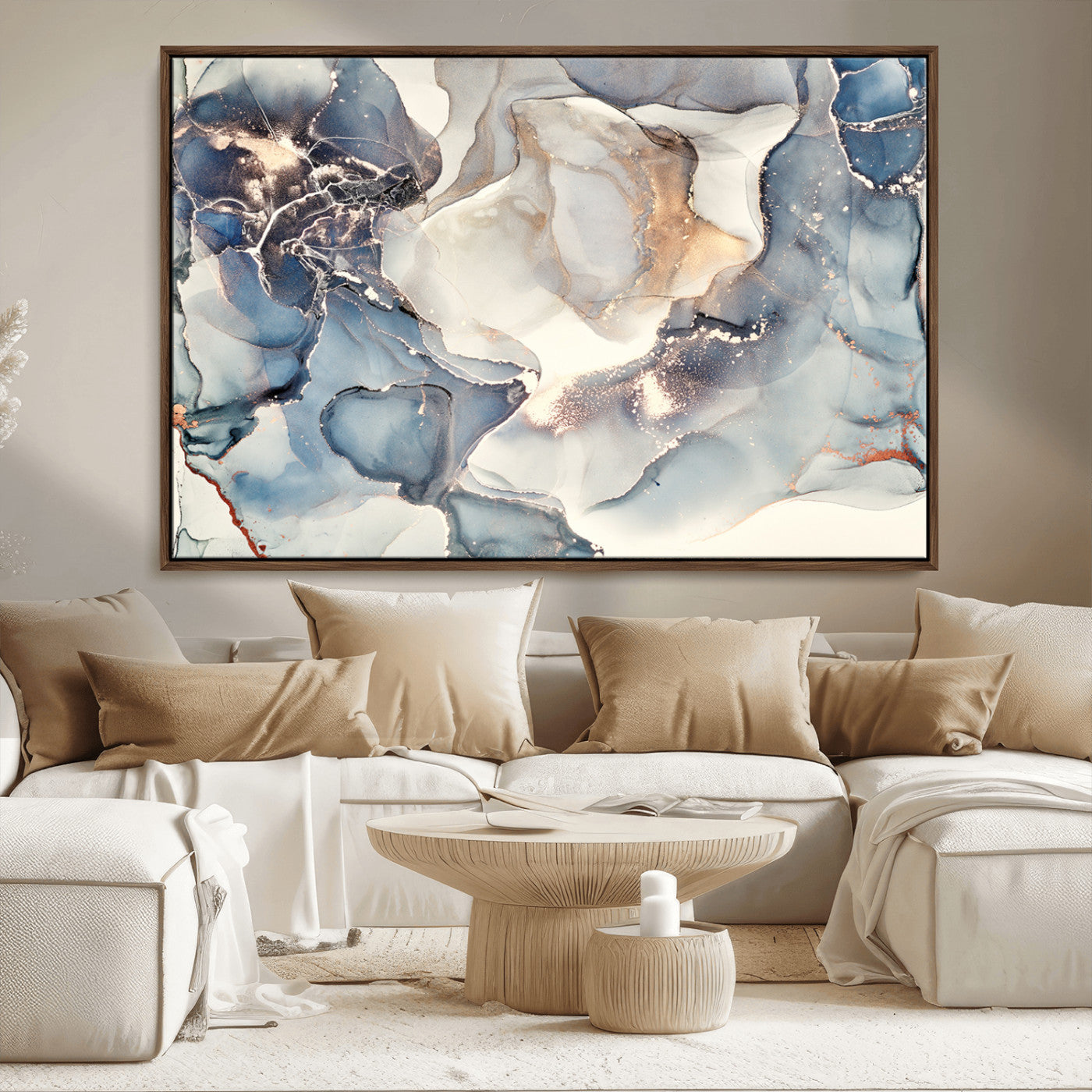 51497-MGV-FC-36X24_Walnut-Abstract Blue and Gold Canvas Wall Art - Fluid Modern Ink Artwork - Modern Luxury Wall Decor for