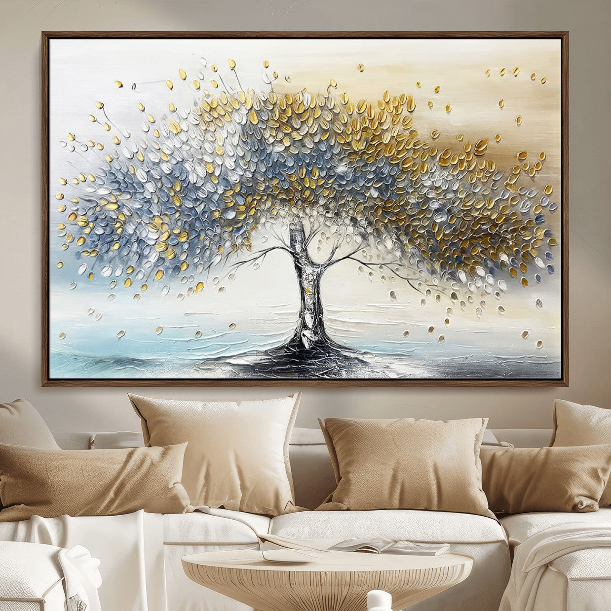 MGV-FC-36X24 - Golden & Silver Tree of Life Wall Art – Canvas Print with Whimsical Leaves Elegant Nature Design, Decorative Home, Office or Guest Room Decor