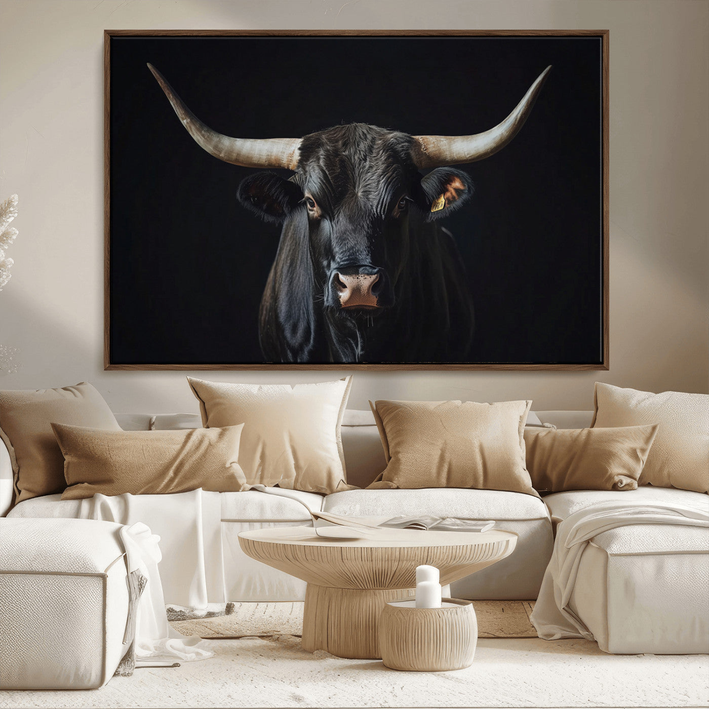 48065167-MGV-FC-36X24_Walnut-Majestic Longhorn Bull Wall Art Canvas Print – Dark Background Western Ranch Portrait Artwork for Home, Office