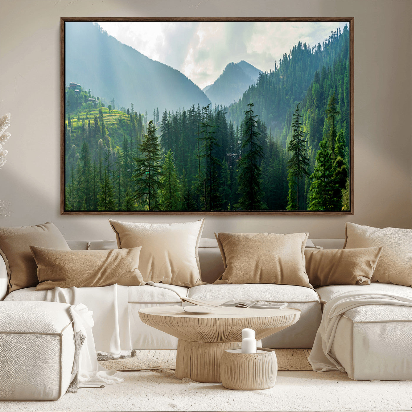 83417191-MGV-CV-36X24-Misty Forest Mountain Wall Art Canvas Print – Framed Serene Nature Scene with Tranquil Valley Artwork for Home, Office
