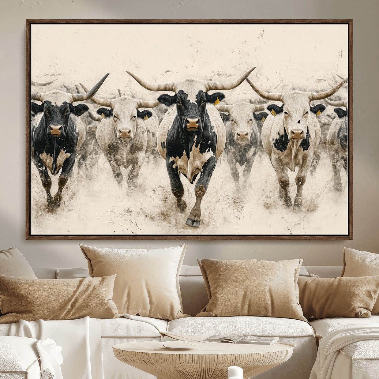 MGV-FC-36X24 - Cream Dust Longhorn Wall Art – Canvas Print of Western Herd Stampede, Dynamic Charge, Rustic Prairie Motion, Bold Nature Farm Decor