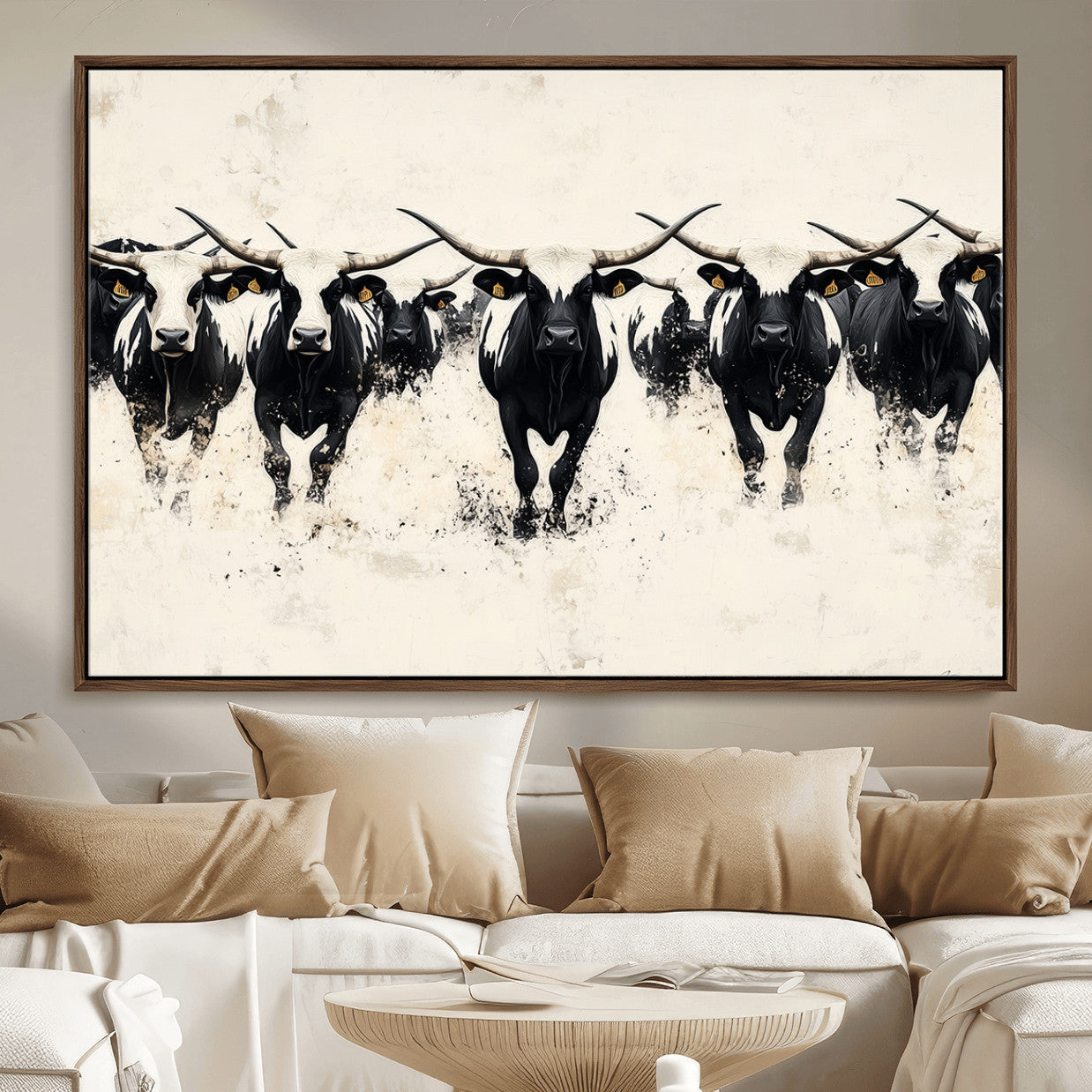 MGV-FC-36X24 - Longhorn Cattle Wall Art – Canvas Print of Herd in Motion, Symmetry and Ink Splatter, Minimalist Western Ranch, Bold Rustic Farm Decor