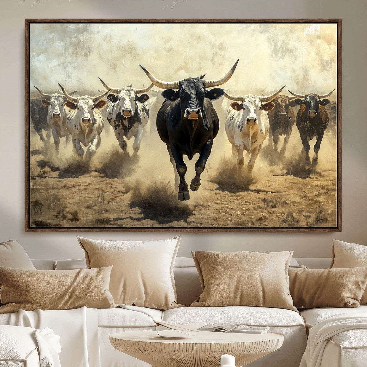 MGV-FC-36X24 - Running Cattle Wall Art – Canvas Print of Western Herd, Dust Stampede, Longhorns, Wild West Ranch, Bold Rustic Farm Decor for Home or Office