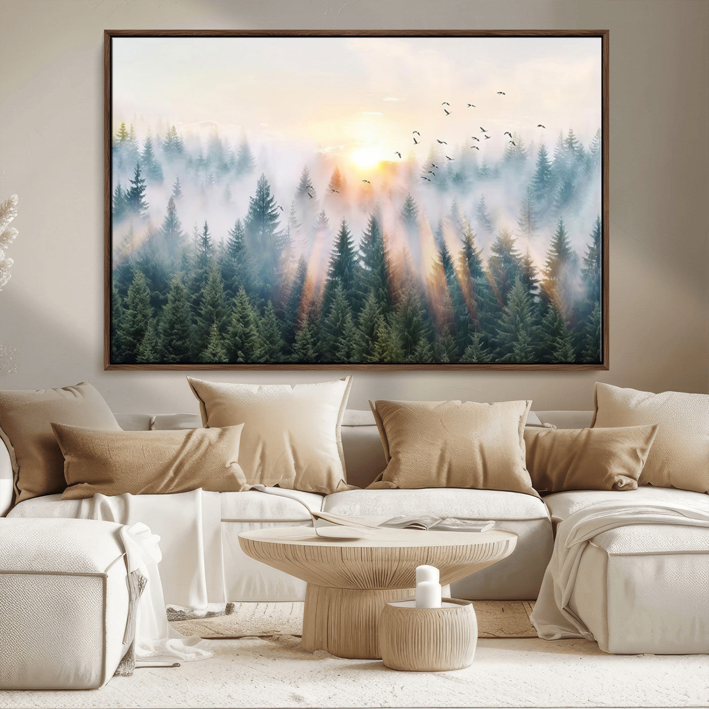 92718976-MGV-CV-36X24-Misty Pine Forest Wall Art Canvas, Sunrise Over Foggy Trees Canvas for Home - Office, Framed