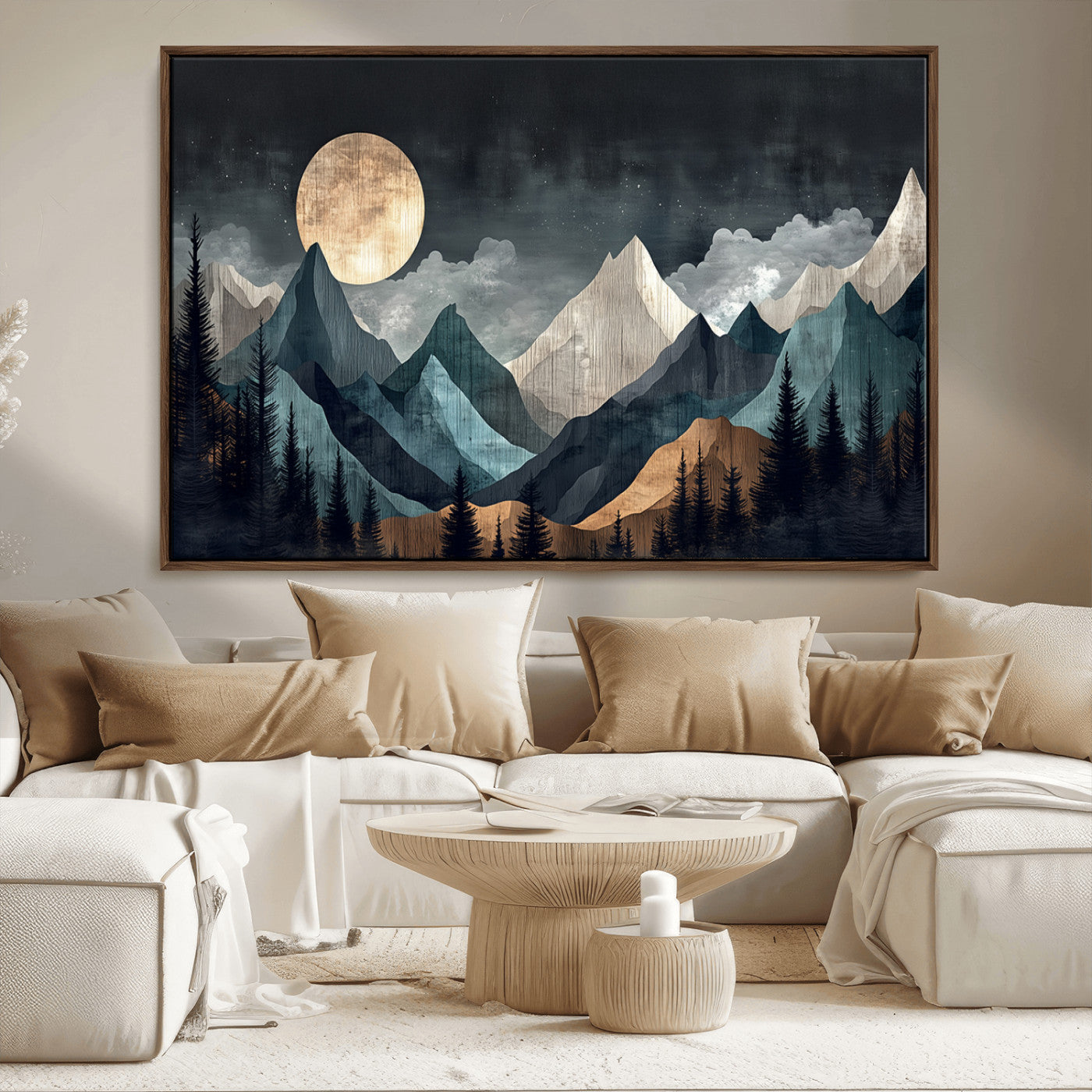 11060882-MGV-FC-36X24_Walnut-Moonlit Mountain Wall Art Canvas Print – Silhouetted Pines Layered Peaks Tranquil Sky Mist Silver Light Nature Artwork for Home