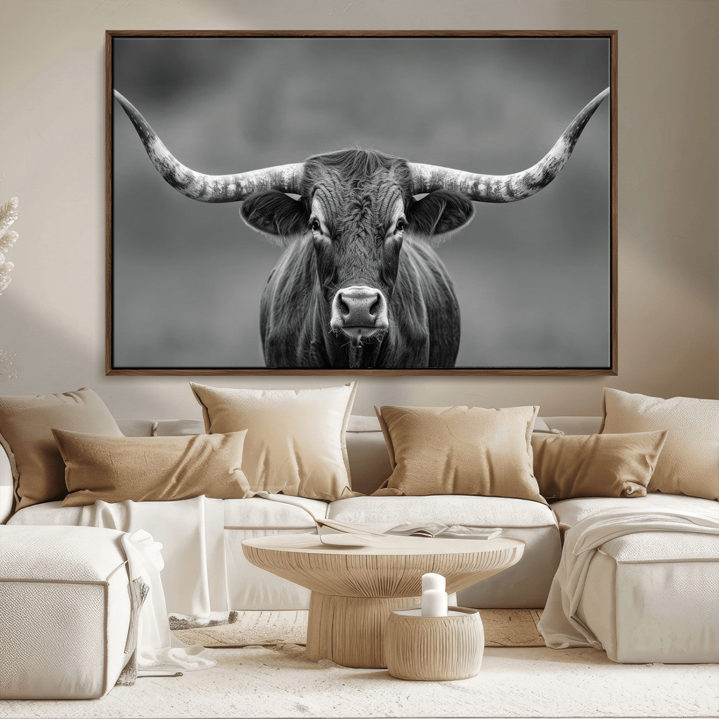 81228550-MGV-FC-36X24_Walnut-Framed Texas Longhorn Bull Art Canvas Print, Western Bull Wall Art Print, Long Horn Bull Photo Print
