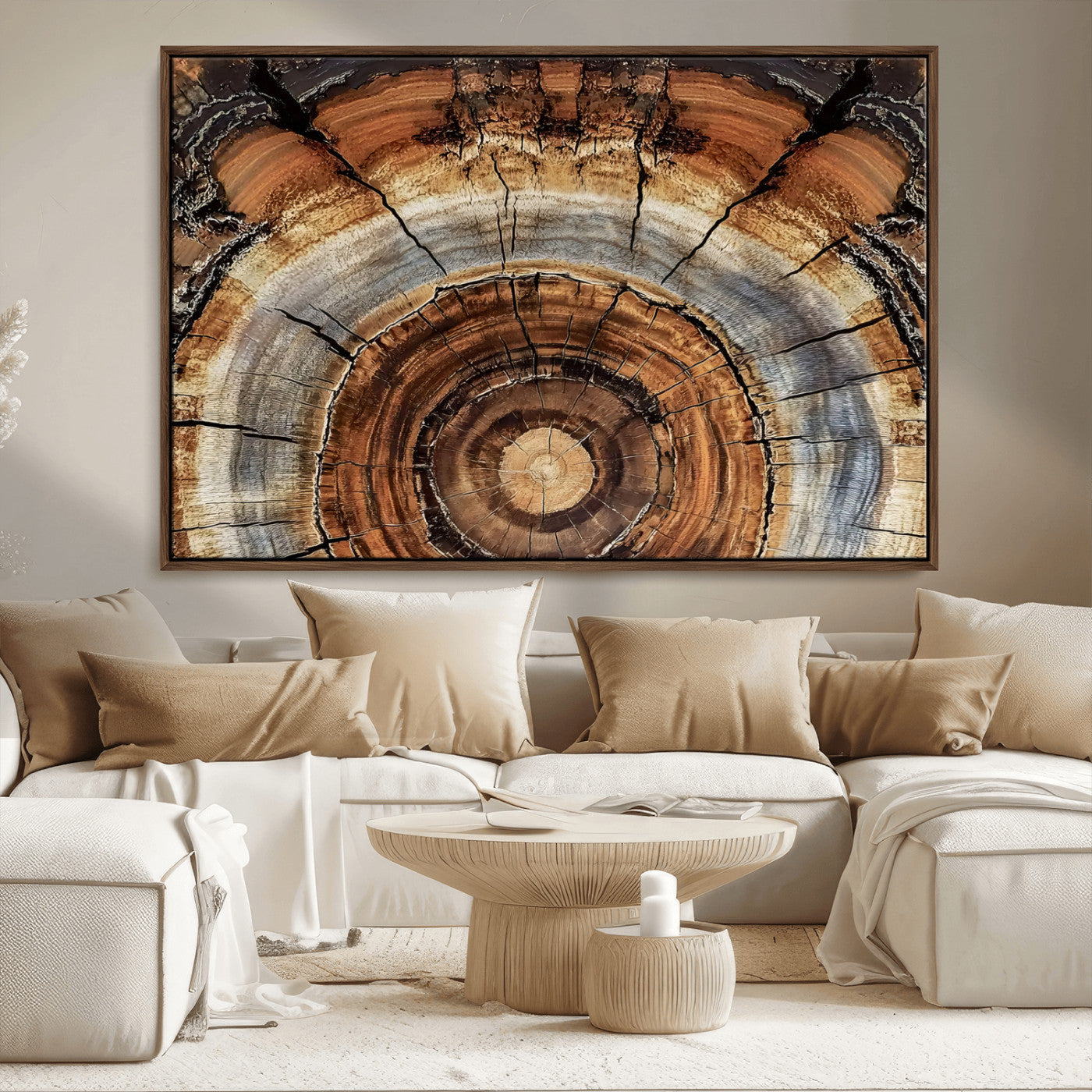 -Tree Rings Wall Art Canvas Print, Framed Wood Texture Art Picture Print, Rustic Pattern Perfect Rustic Organic Decor Artwork
