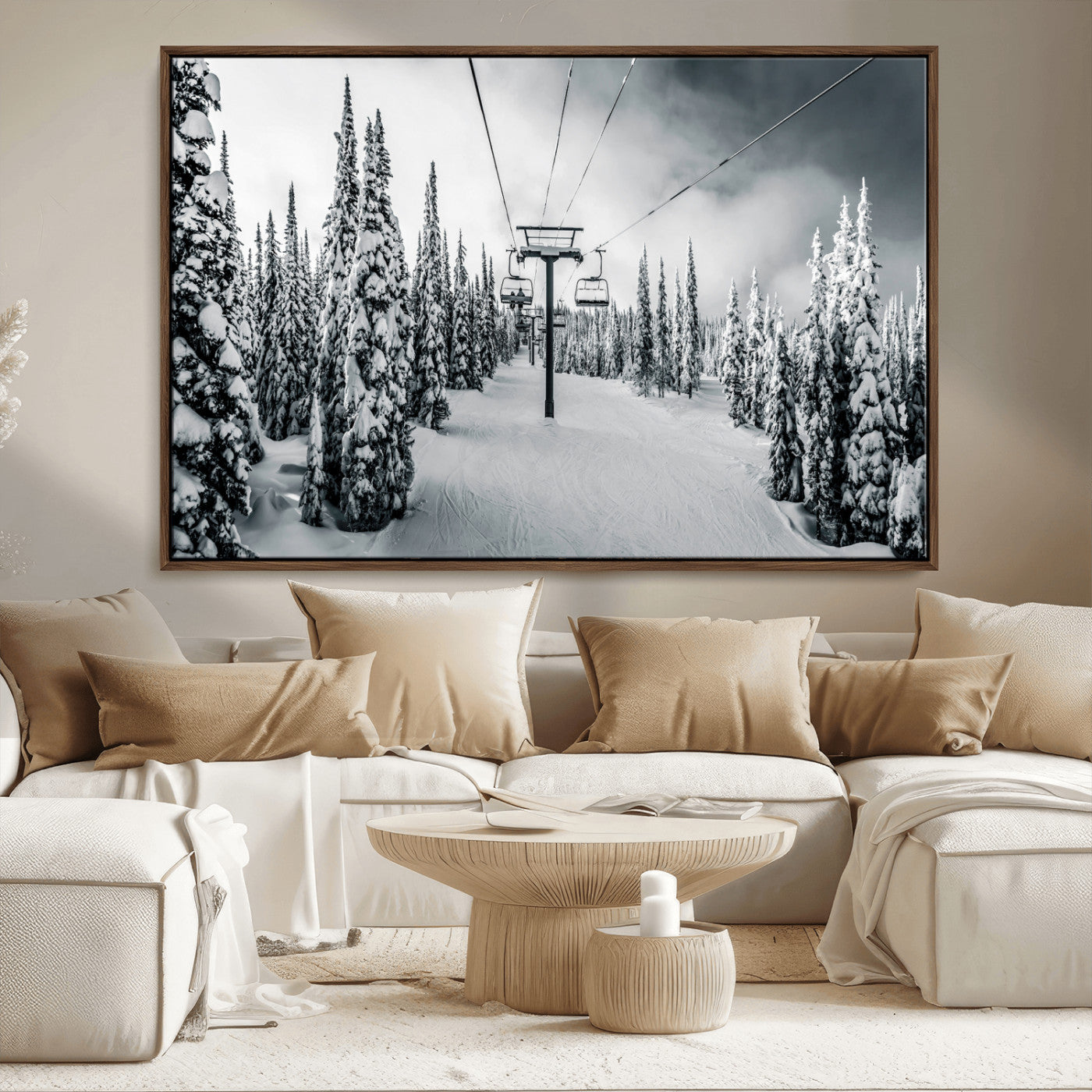 31156828-MGV-FC-36X24_Walnut-Snowy Pines Wall Art Canvas Print – Framed Ski Lift Winter Forest Snowy Landscape Moody Lodge Artwork for Home, Office