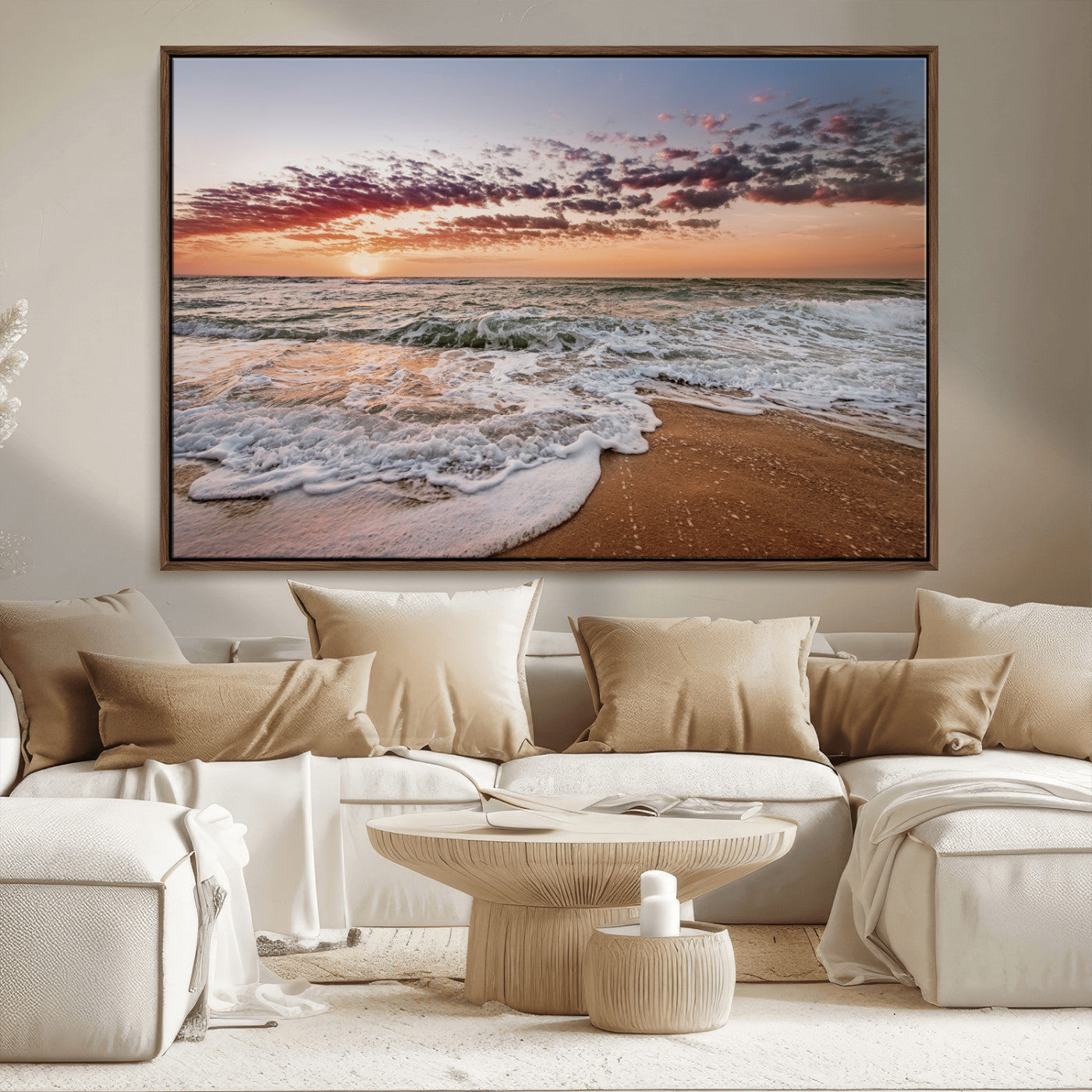 39846389-MGV-CV-36X24-Ocean Sunset Wall Art Canvas Print – Framed Sandy Shore Gentle Waves Coastal Landscape Minimalist Artwork for Home, Office