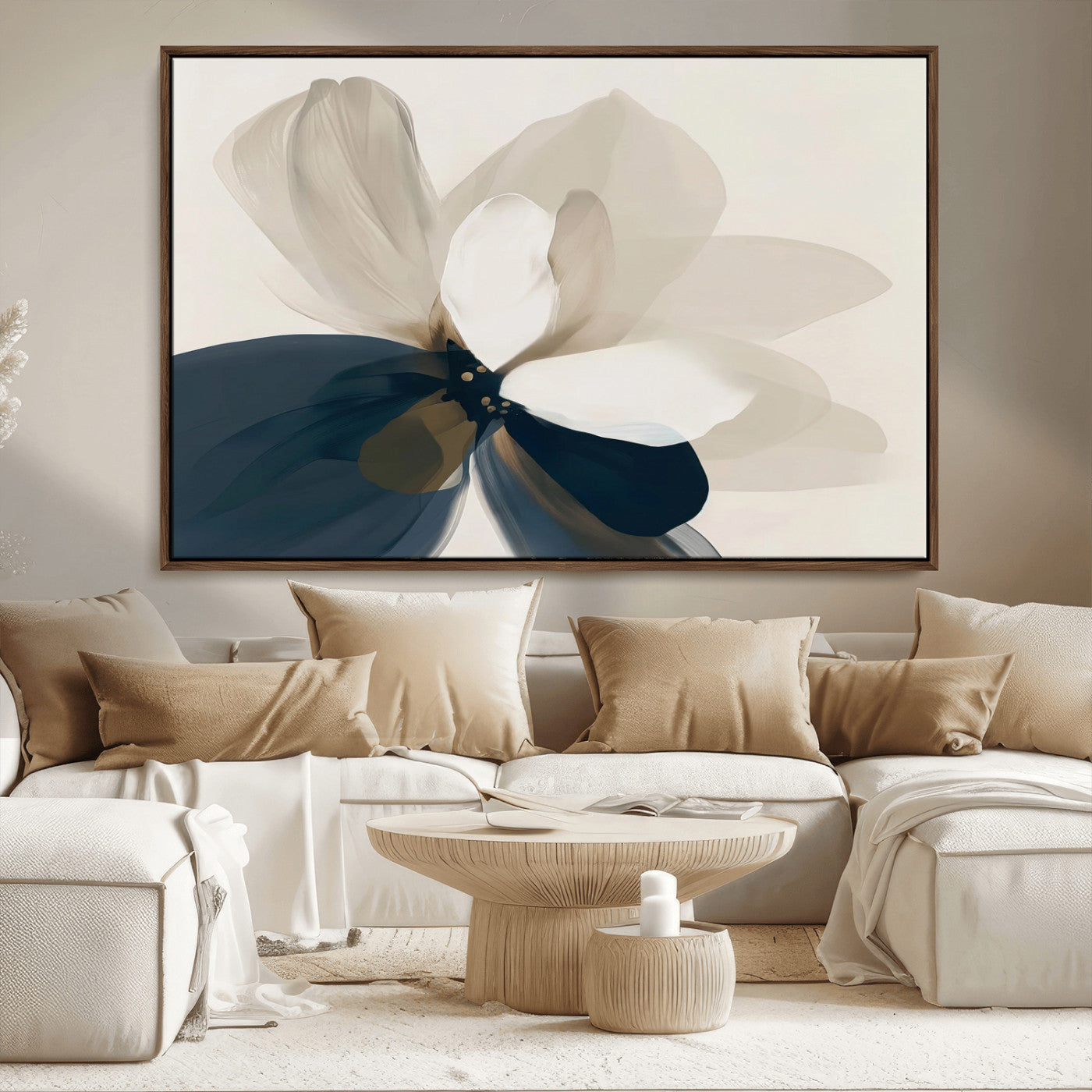 -Minimal Flower Wall Art Canvas Print, Framed Flower Drawing Art Picture Print, Beige Bloom Perfect Modern Botanical Decor Artwork