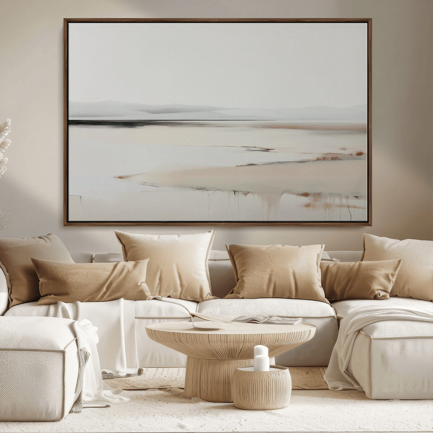 89410095-MGV-CV-36X24-Minimalist Landscape Wall Art Canvas Print – Framed Soft Horizon Abstract Seascape Earthy Tones Artwork for Home Office