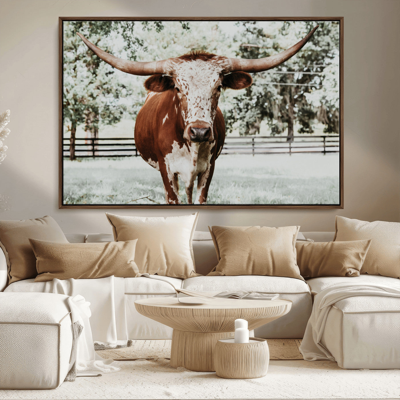 -Texas Longhorn Wall Art Canvas Print, Framed Spotted Cow Art Picture Print, Horned Cattle Perfect Rustic Western Decor Artwork