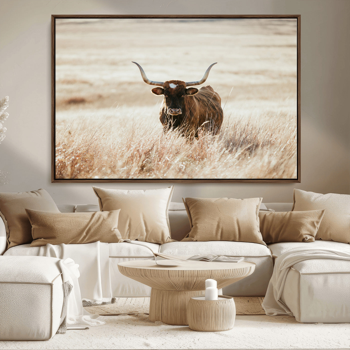 -Texas Longhorn Wall Art Canvas Print, Framed Brown Cattle Art Picture Print, Horned Bull Perfect Rustic Western Decor Artwork