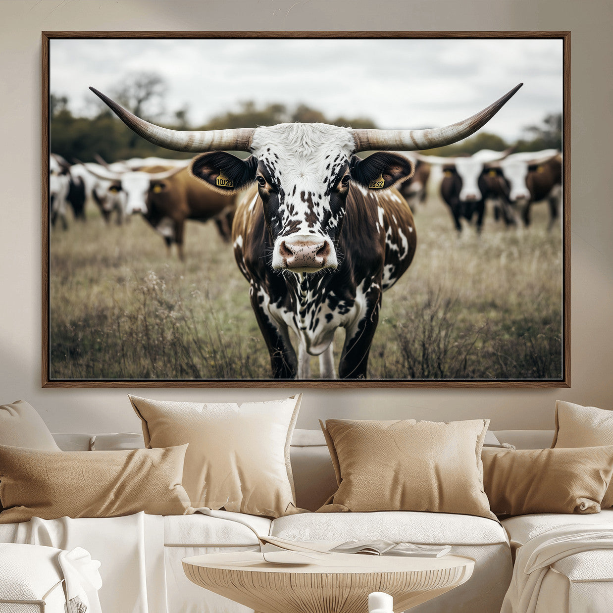 MGV-FC-36X24 - Majestic Longhorn Cow Wall Art – Canvas Print of Intricate Fur & Sharp Horns Earthy Tones Serene Landscape, Rustic Charm Decor for Living Room, Office or Bedroom