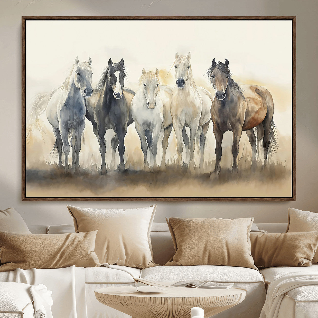 MGV-FC-36X24 - Wild Horses Wall Art Canvas Print, Framed Running Horses Art Picture Print, Watercolor Horses Perfect Rustic Western Decor Artwork