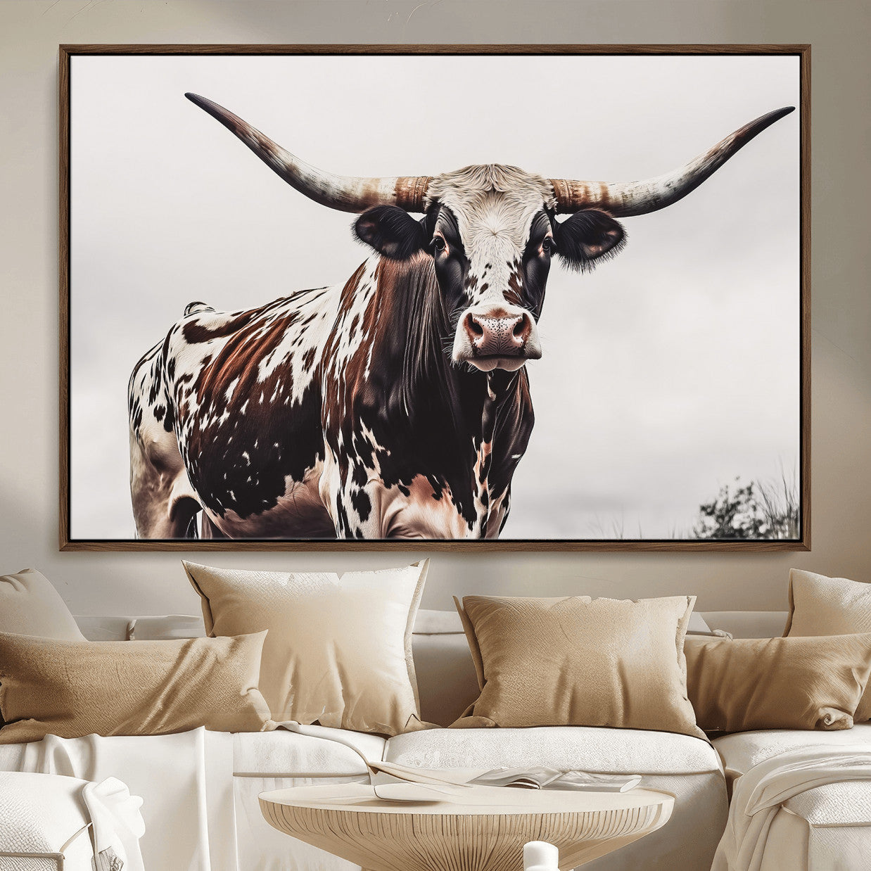 MGV-FC-36X24 - Texas Longhorn Wall Art Canvas Print, Framed Spotted Bull Art Picture Print, Horned Cattle Perfect Rustic Farmhouse Decor Artwork
