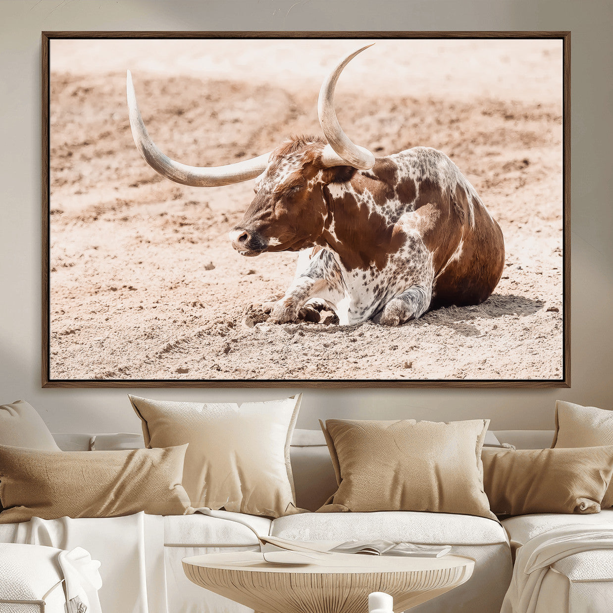 91248682-MGV-FC-36X24_Walnut-Texas Longhorn Wall Art Canvas Print – Framed Resting Bull Scene with Spotted Cattle Artwork for Home, Office