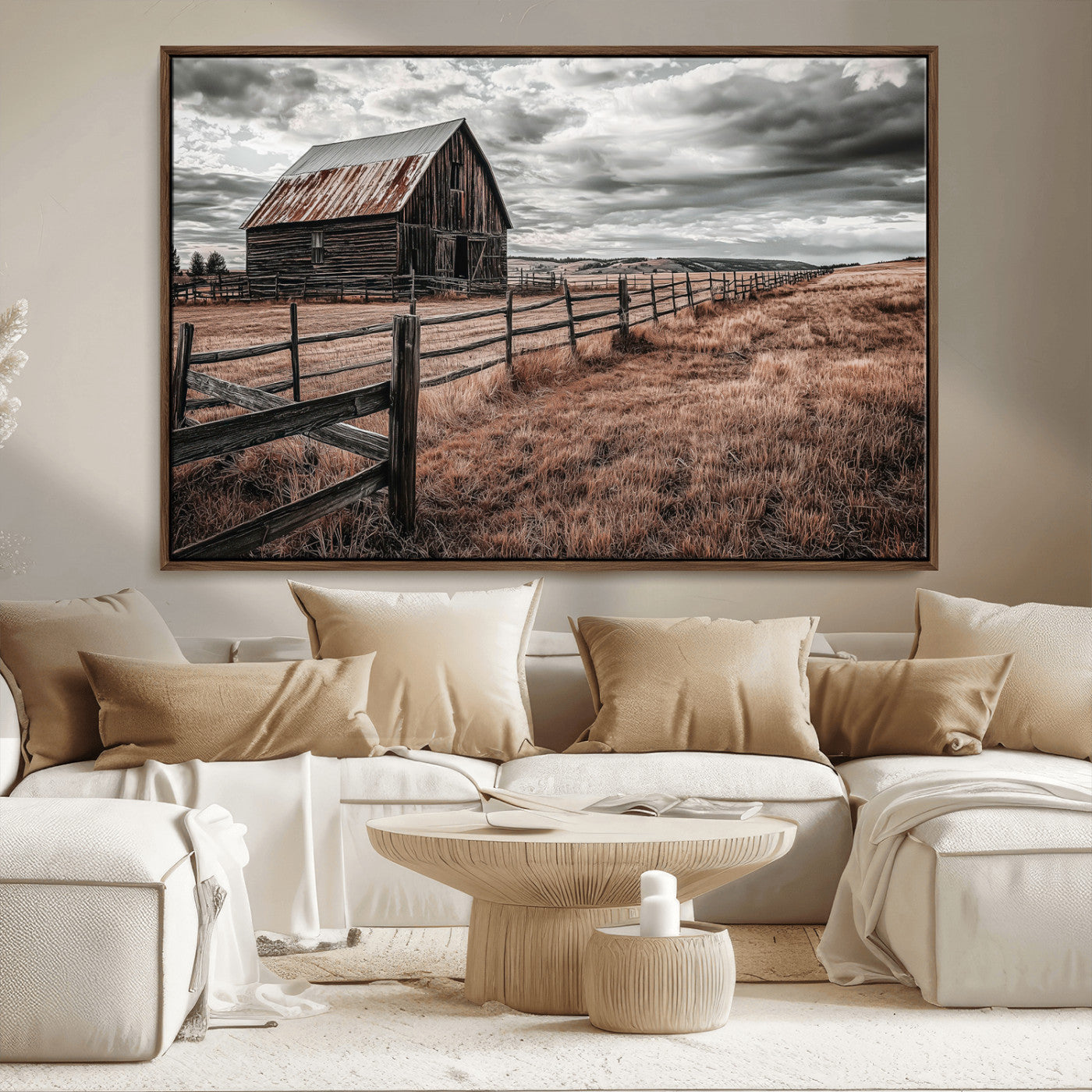 -Rustic Barn Wall Art Canvas Print – Framed Moody Field Scene with Weathered Fence Artwork for Home, Office, Living Room