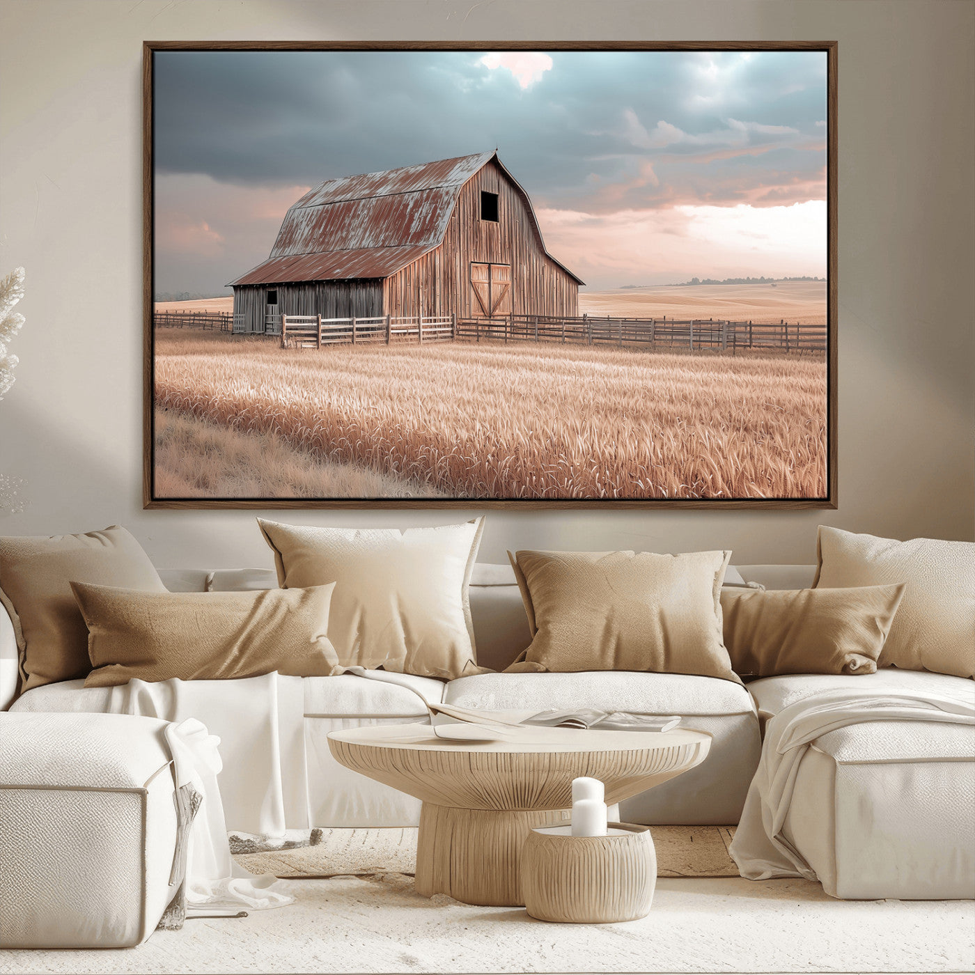 36878364-MGV-CV-36X24-Rustic Barn Wall Art Canvas Print – Framed Wheat Field Scene with Sunset Barn Artwork for Home, Office, Living Room