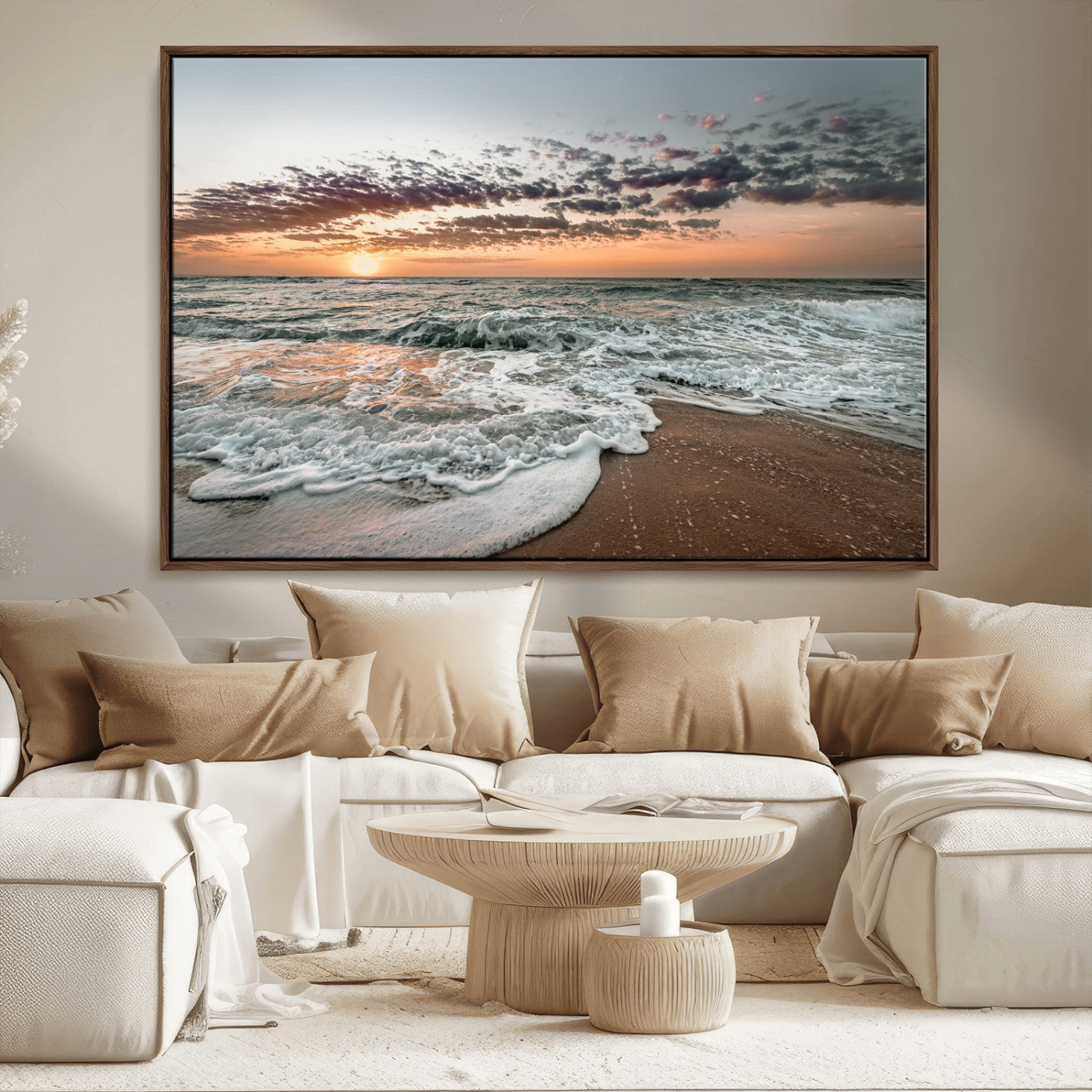 40632752-MGV-CV-36X24-Ocean Sunset Wall Art Canvas Print – Framed Beach Waves Scene with Coastal Artwork for Home, Office, Living Room