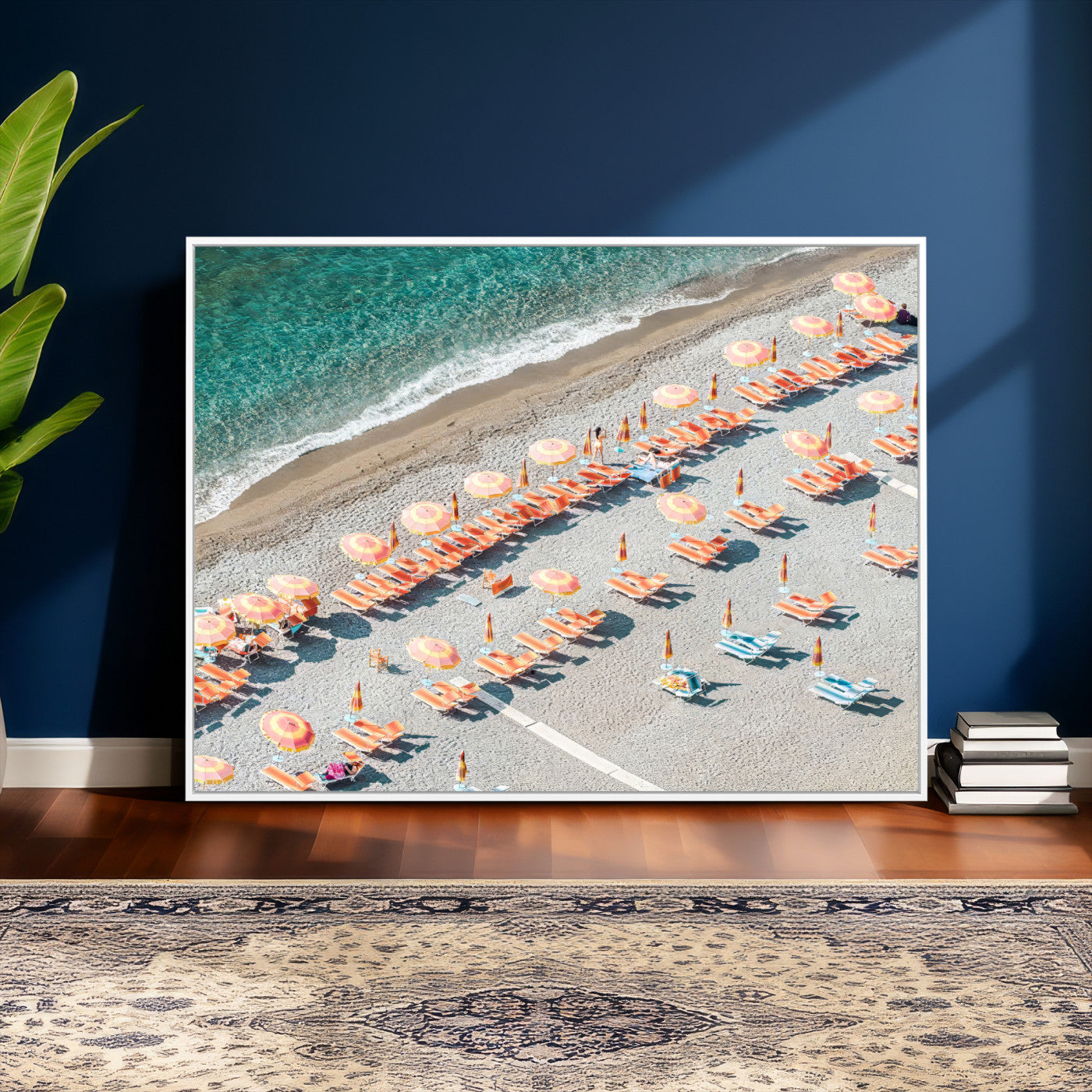 27805351-MGV-CV-36X24 - Beach Umbrellas Wall Art – Orange Loungers & Turquoise Water Canvas Print, Sandy Shore and Summer Vibes