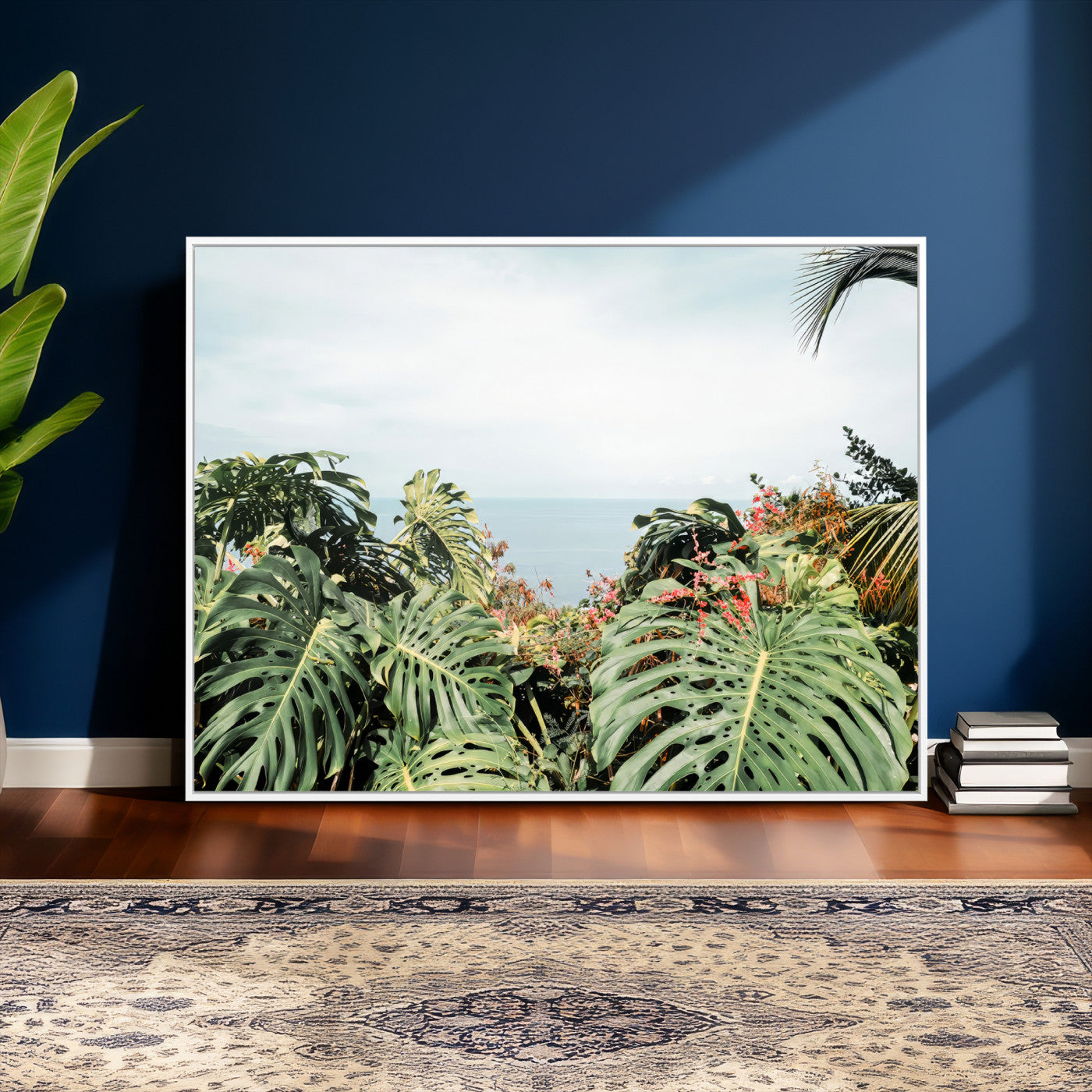 45700479-MGV-CV-36X24 - Tropical Greenery Wall Art – Exotic Leaves & Ocean View Canvas Print, Sunlit Paradise and Vibrant Nature for Living Room or Coastal Decor