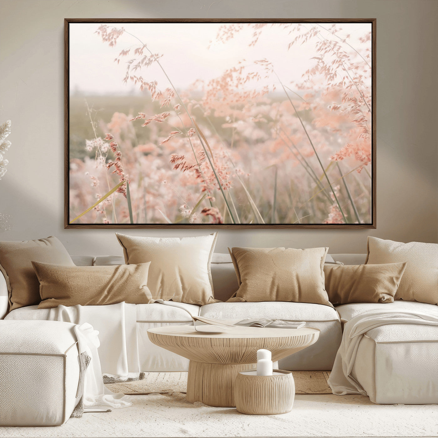 -Pastel Grasses Wall Art Canvas Print, Framed Soft Meadow Art Picture Print, Field in Breeze Perfect Soft Pastel Minimal Decor Artwork