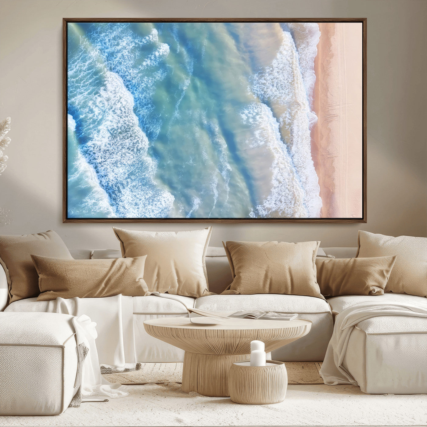 17641845-MGV-CV-36X24-Aerial Ocean View Wall Art Canvas Print – Framed Soft Blue Waves Sandy Shoreline Modern Coastal Artwork for Home Office