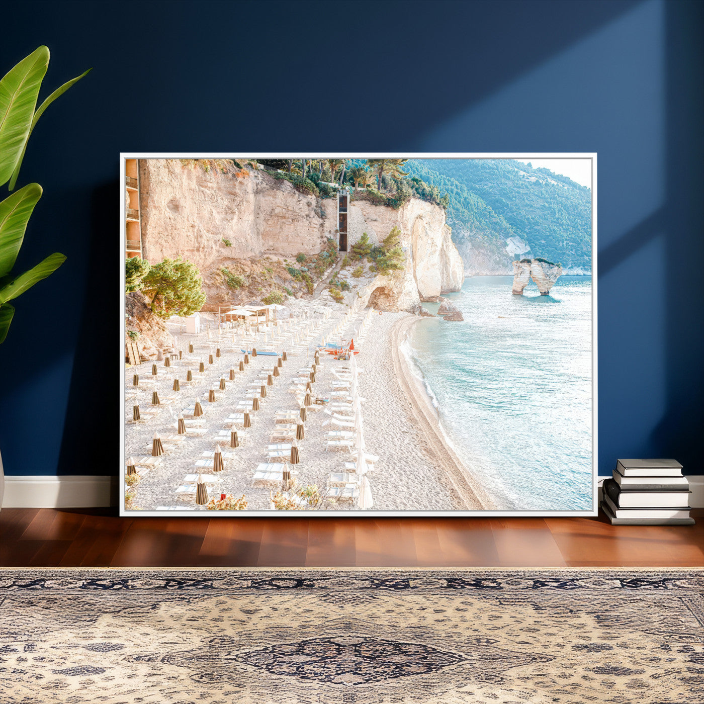 84816639-MGV-CV-36X24 - Sunny Beach Wall Art – Chairs & Umbrellas Canvas Print, Clear Water, Rocky Cliffs, Coastal Calm for Living Room or Vacation Home Decor