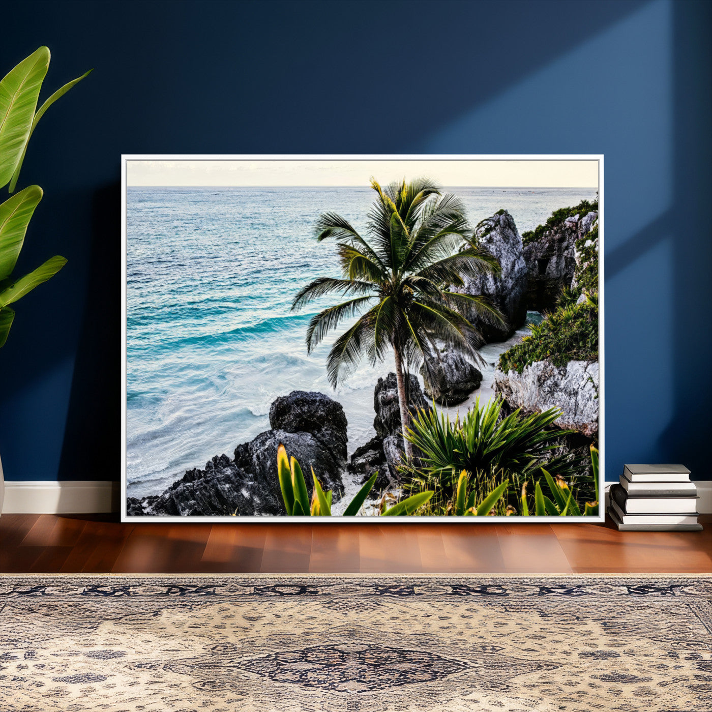 94669907-MGV-CV-36X24 - Tropical Palm Wall Art – Coastal Rocks Canvas Print, Ocean Breeze, Sandy Shore, Vibrant Green Foliage for Living Room or Beach House Decor