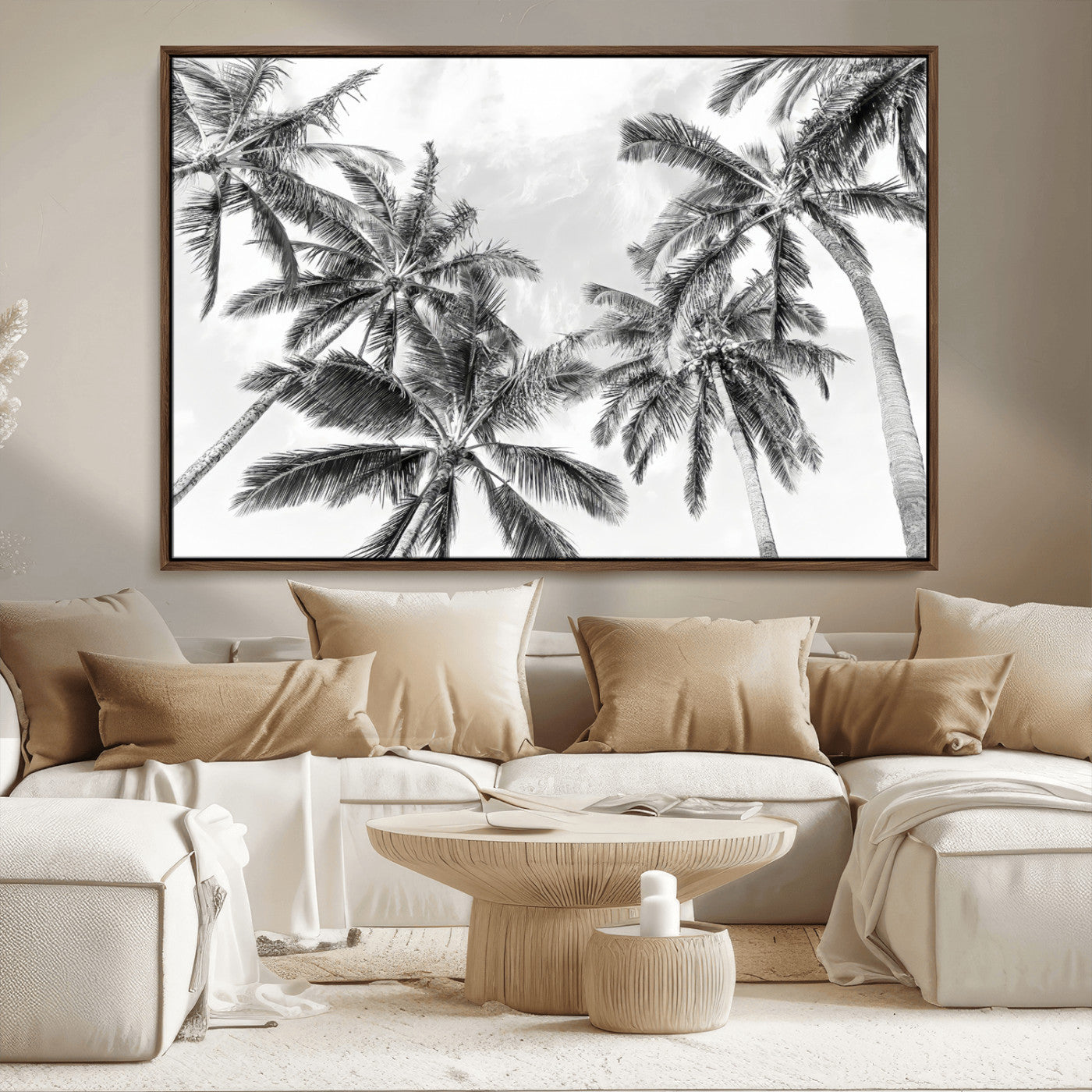 MGV-FC-36X24 - Black White Palm Wall Art Canvas Print, Framed Monochrome Tropics Art Picture Print, Minimalist Beach Perfect Coastal Minimalist Decor Artwork