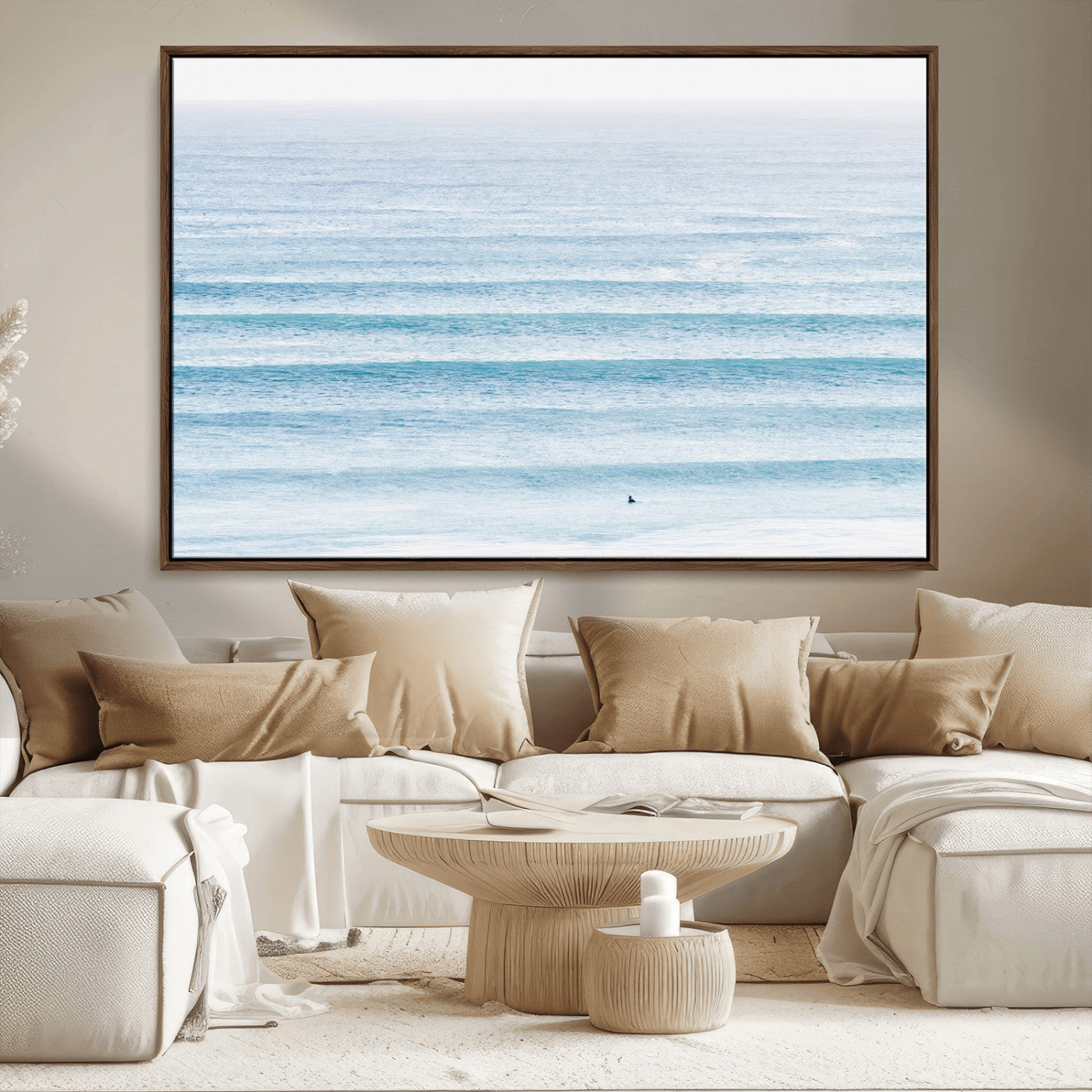 MGV-FC-36X24 - Ocean Simplicity Wall Art Canvas Print, Framed Surfer on Water Art Picture Print, Light Blue Perfect Coastal Minimalist Decor Artwork