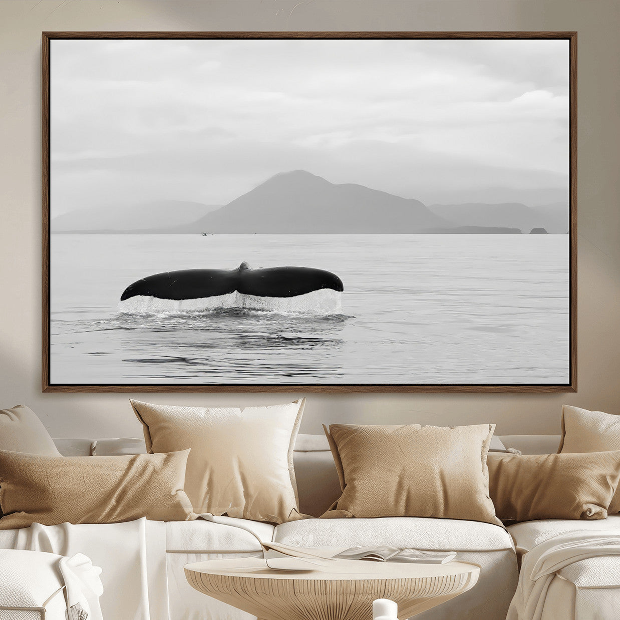 MGV-FC-36X24 - Whale Tail Wall Art Canvas Print, Framed Black White Ocean Art Picture Print, Calm Marine Perfect Minimalist Coastal Decor Artwork