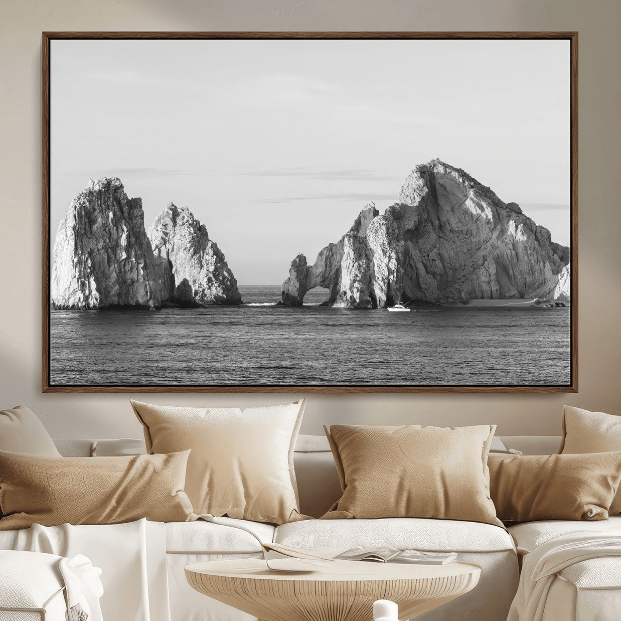 MGV-FC-36X24 - Rugged Coastline Wall Art Canvas Print, Framed Ocean Cliffs Art Picture Print, Monochrome Seascape Perfect Coastal Minimalist Decor Artwork