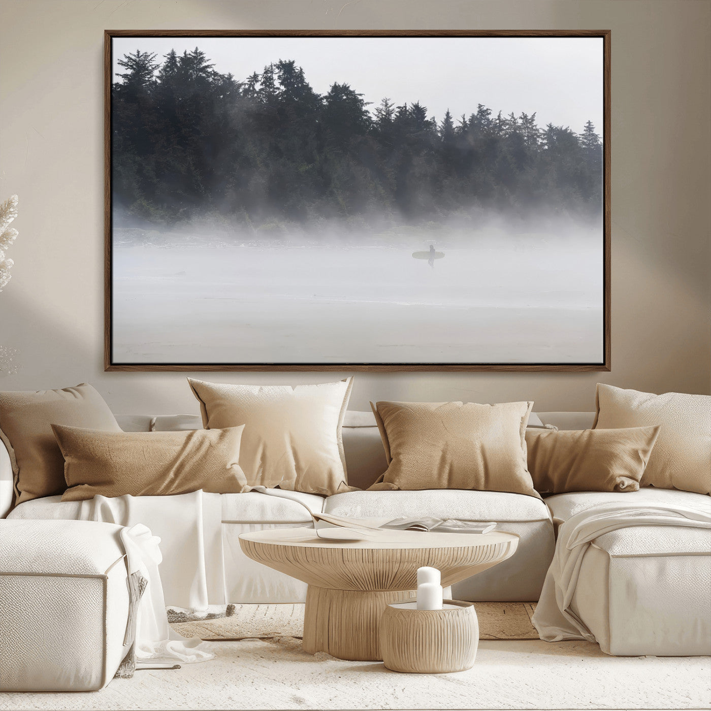 59703275-MGV-FC-36X24_Walnut-Surfer Fog Wall Art Canvas Print – Framed Foggy Beach Scene with Coastal Surf Artwork for Home, Office, Living Room