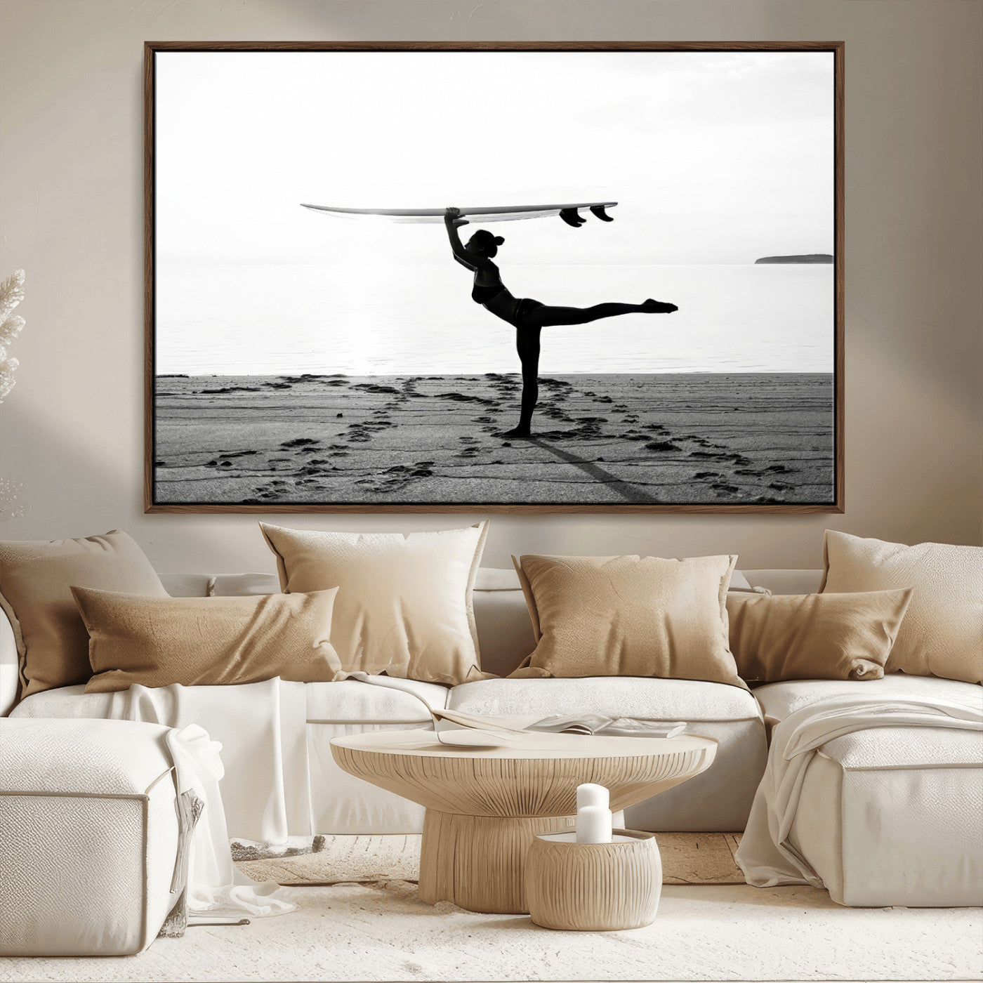 28441356-MGV-FC-36X24_Walnut-Yoga Surf Wall Art Canvas Print – Framed Black White Shore Scene with Peaceful Ocean Artwork for Home, Office