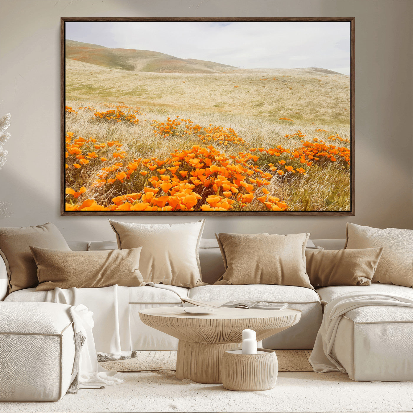 -Golden Wildflowers Wall Art Canvas Print – Framed Hills Bloom Scene with Poppy Meadow Artwork for Home, Office