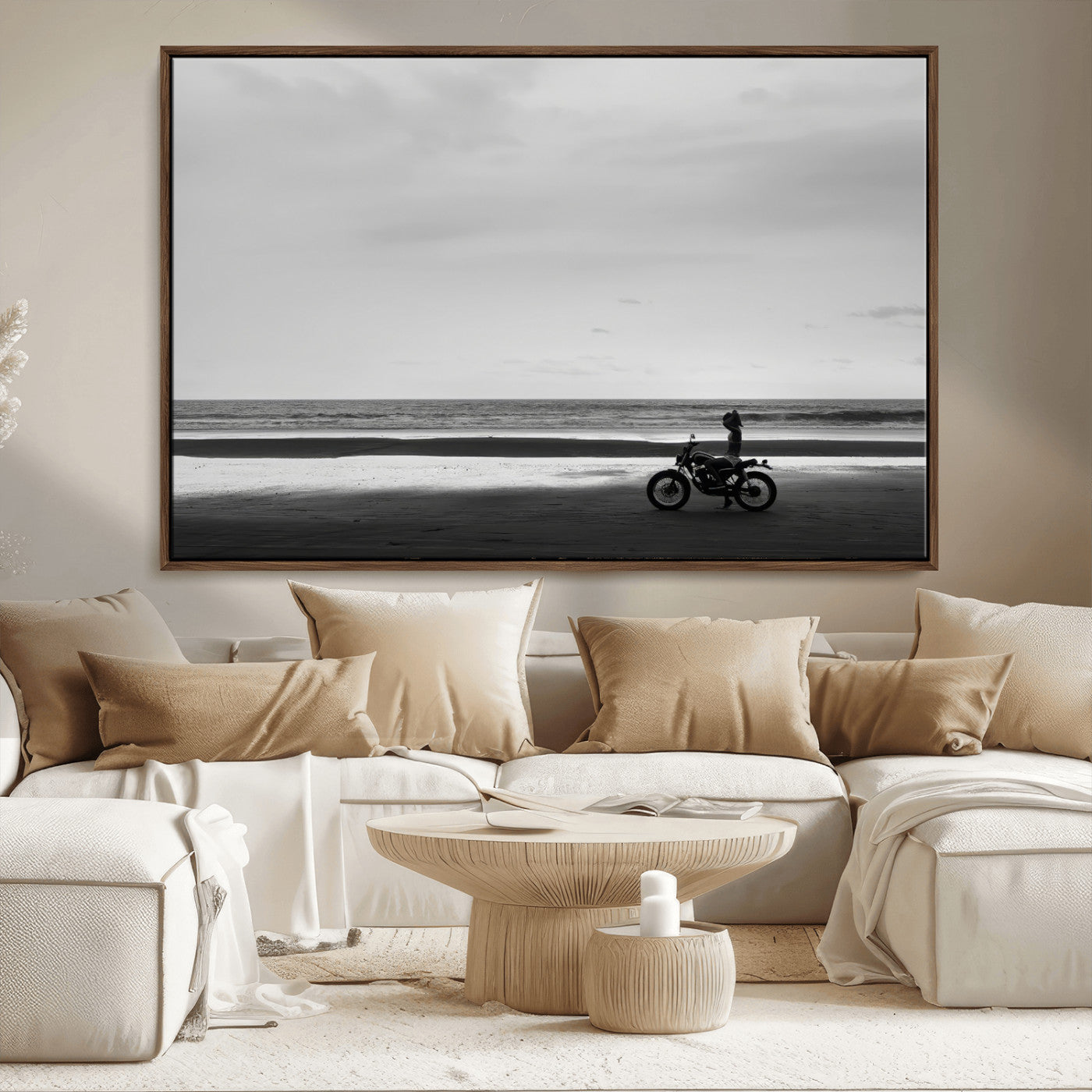 84739358-MGV-CV-36X24-Motorcycle Beach Wall Art Canvas Print – Framed Vintage Motorcycle Scene with Biker Silhouette Artwork for Home, Office