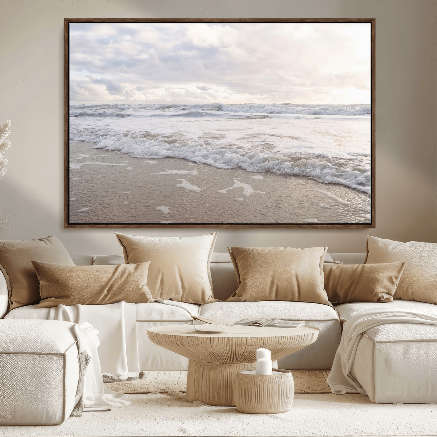 70596264-MGV-CV-36X24-Ocean Waves Wall Art Canvas Print – Framed Coastal Shoreline Scene with Sea Foam Artwork for Home, Office