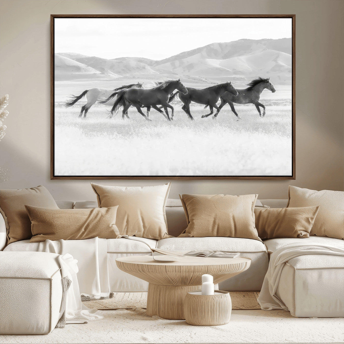 MGV-FC-36X24 - Wild Horses Wall Art – Black & White Canvas Print of Herd Running, Nature in Motion, Freedom & Beauty Decor for Guest Room, Office or Living Room