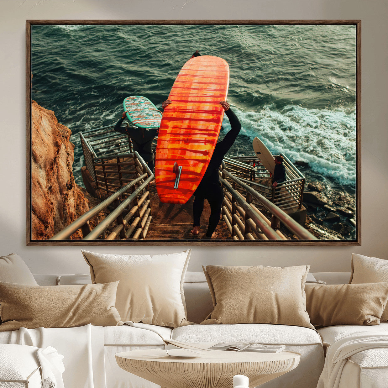 MGV-FC-36X24 - Surfer Stairway Wall Art Canvas Print, Framed Ocean Surf Art Picture Print, Sunset Coastal Perfect Coastal Adventure Decor Artwork