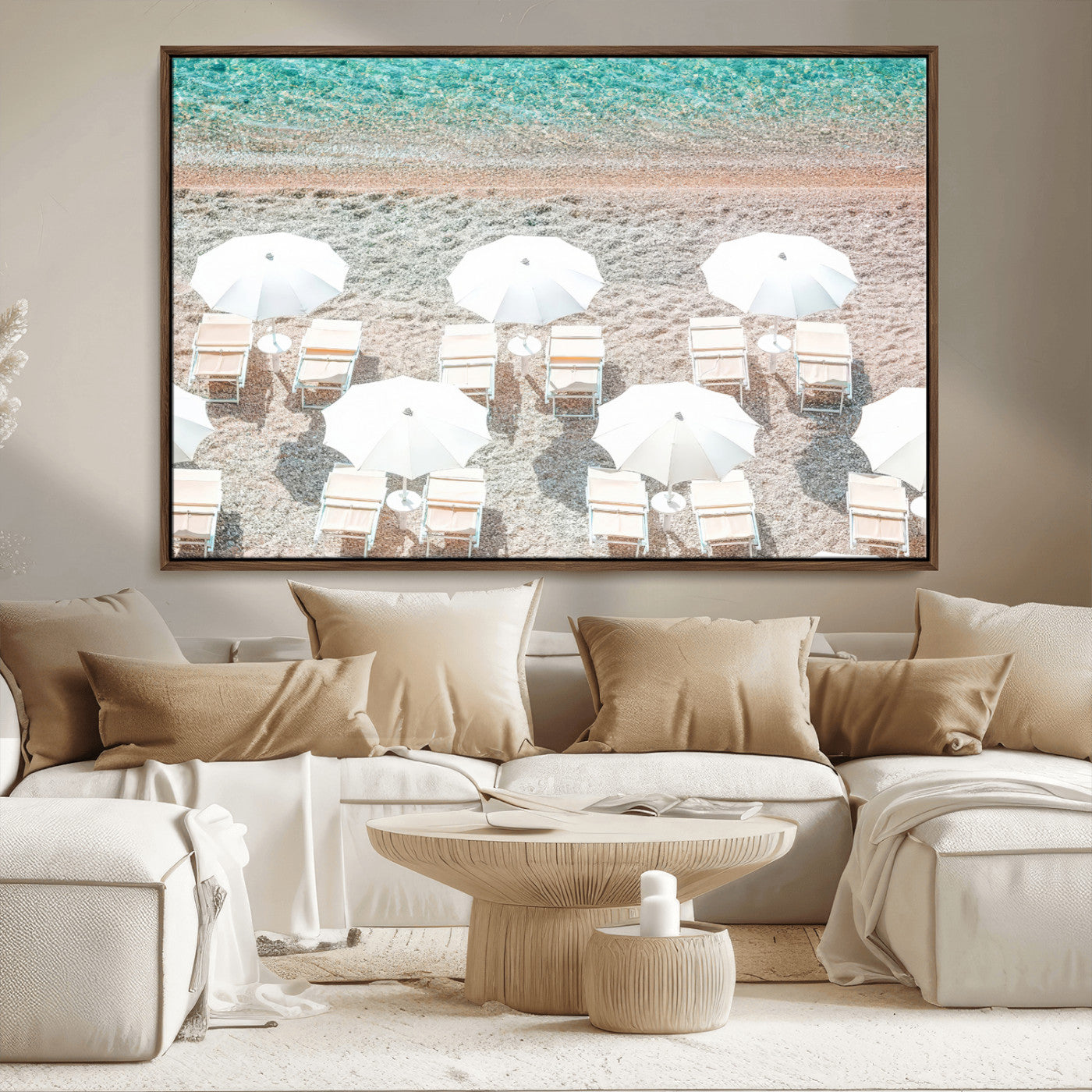 MGV-FC-36X24 - Calm Beach Wall Art Canvas Print, Framed Turquoise Water Art Picture Print, Umbrella Shoreline Perfect Coastal Minimalist Decor Artwork